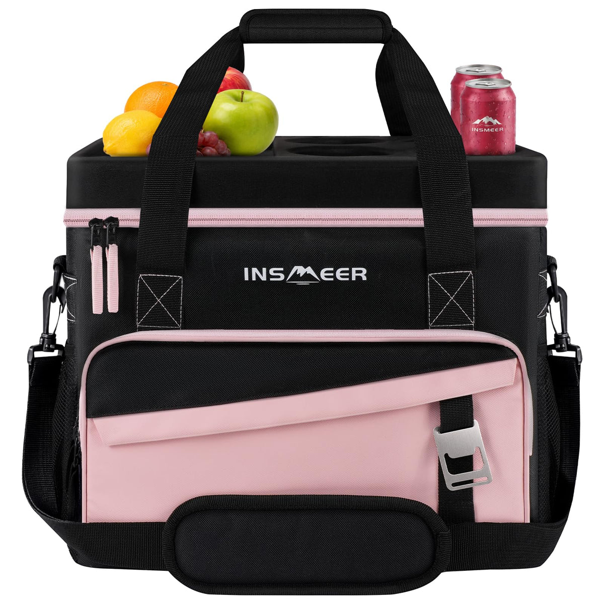 INSMEER front view of cooler showing capacity and pockets for easy packing