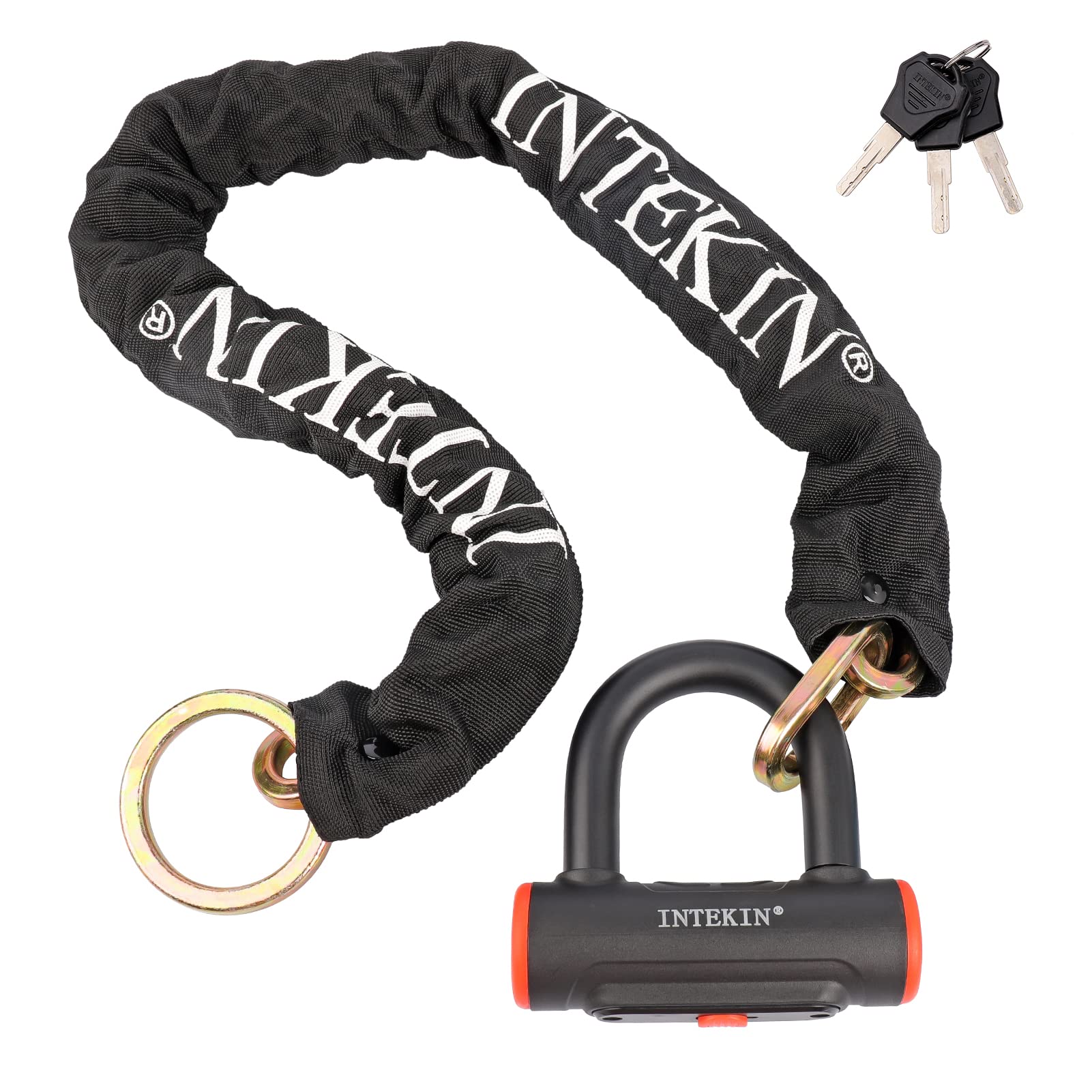 INTEKIN front view showing chain and U-lock secure packaging and specs