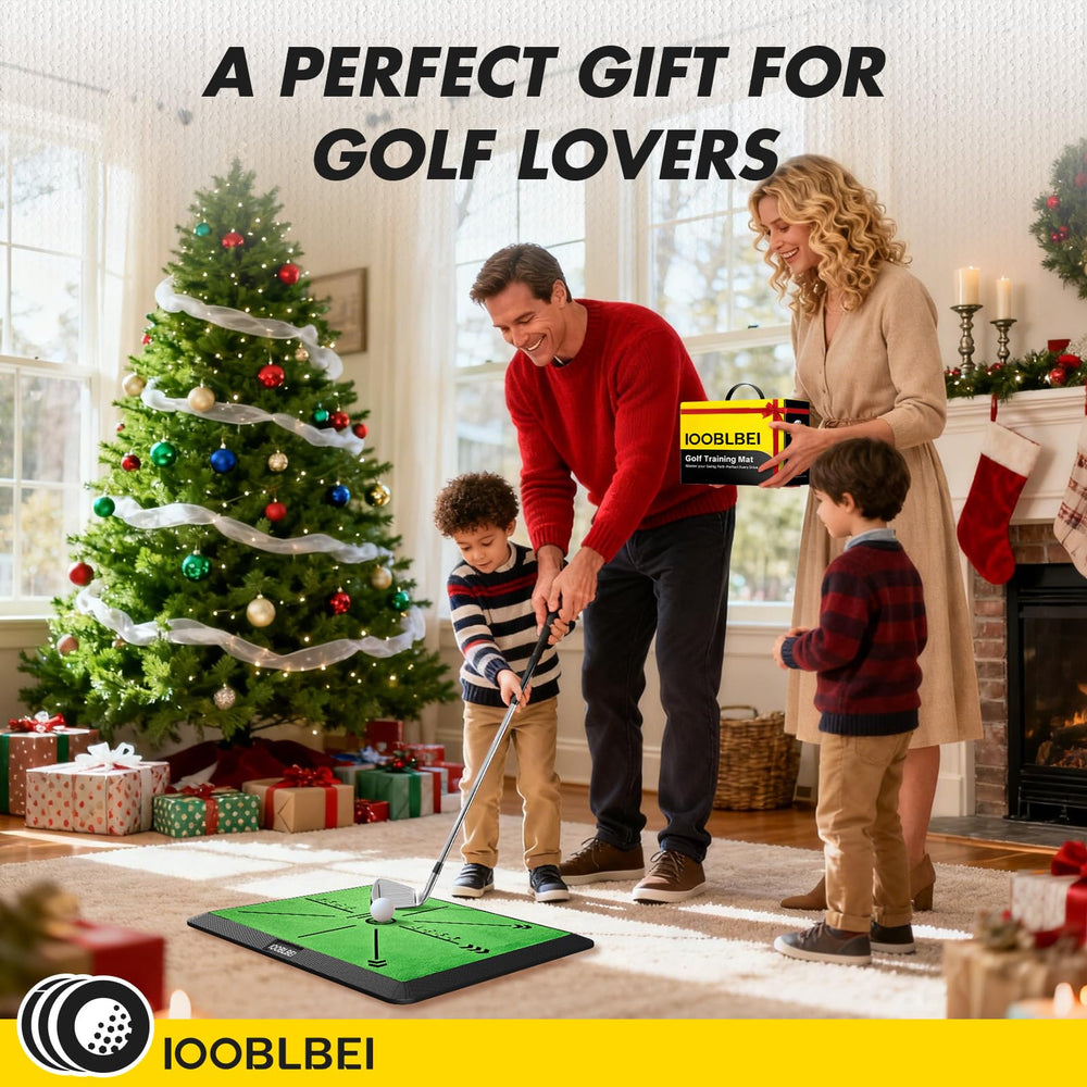 IOOBLBEI mat size comparison with golf club illustrating compact 16x12 inch footprint for small spaces