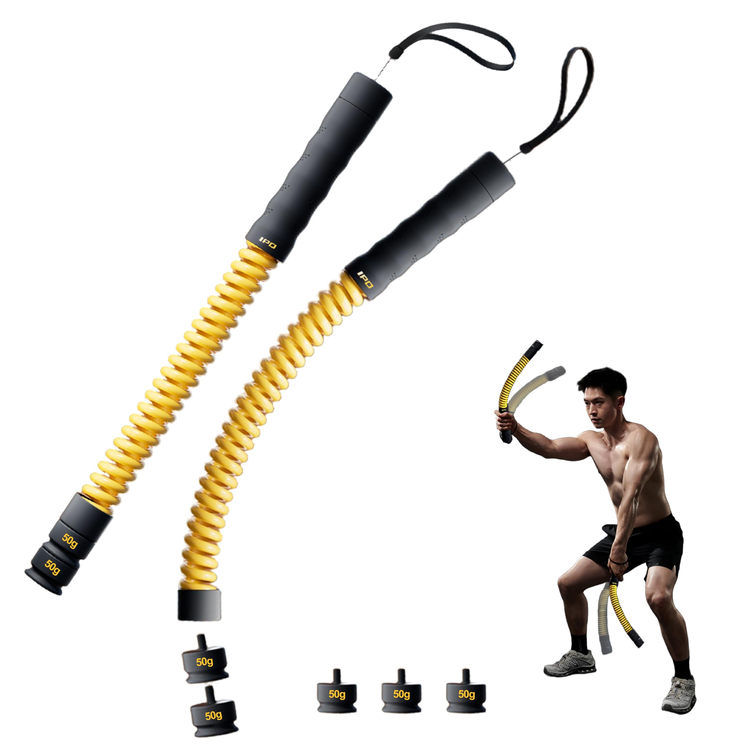 IPO front view of yellow Max ropeless battle rope showing compact design and portability benefit