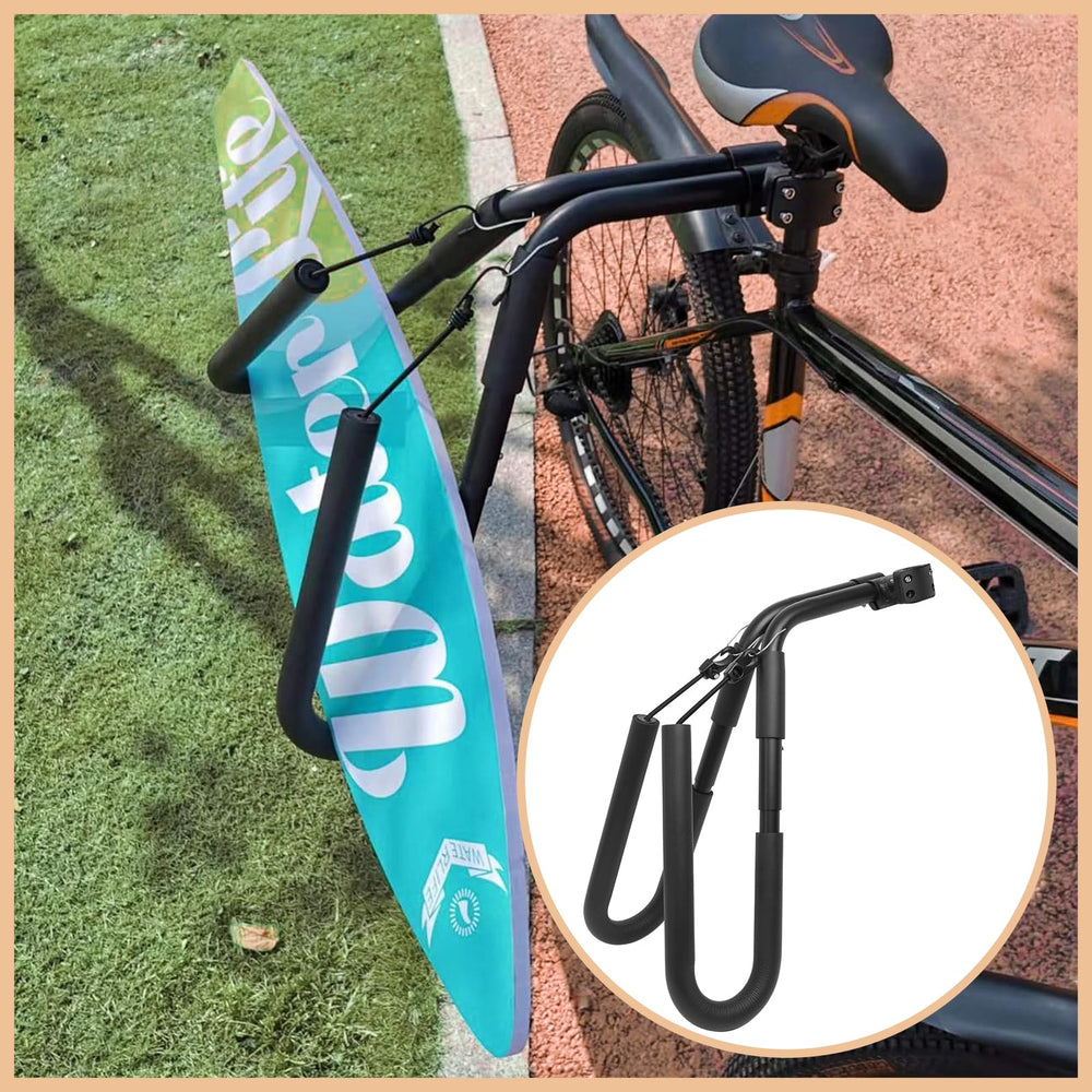 IQINGYJ size comparison showing longboard mounted to bike for scale and compatibility