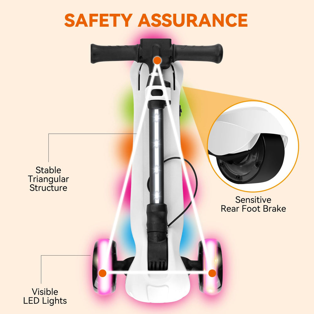 IRIMMY scooter next to child showing adjustable handlebar height benefit