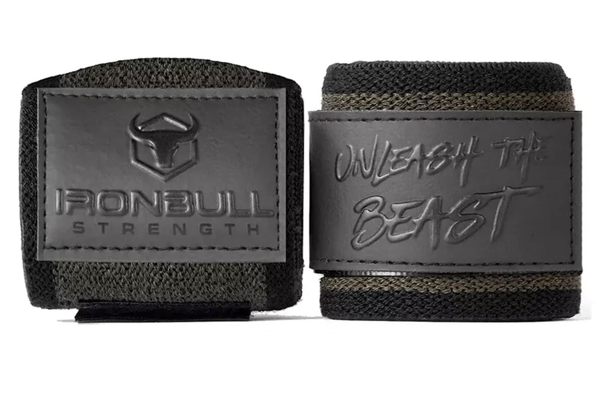 Iron Bull Strength front view of wraps showing secure fit and competition look