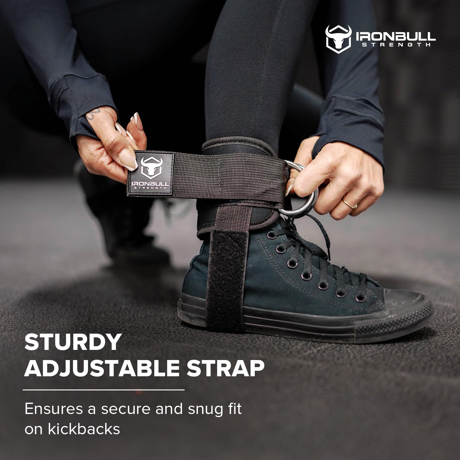 Iron Bull Strength strap attached to cable machine demonstrating stable glute activation