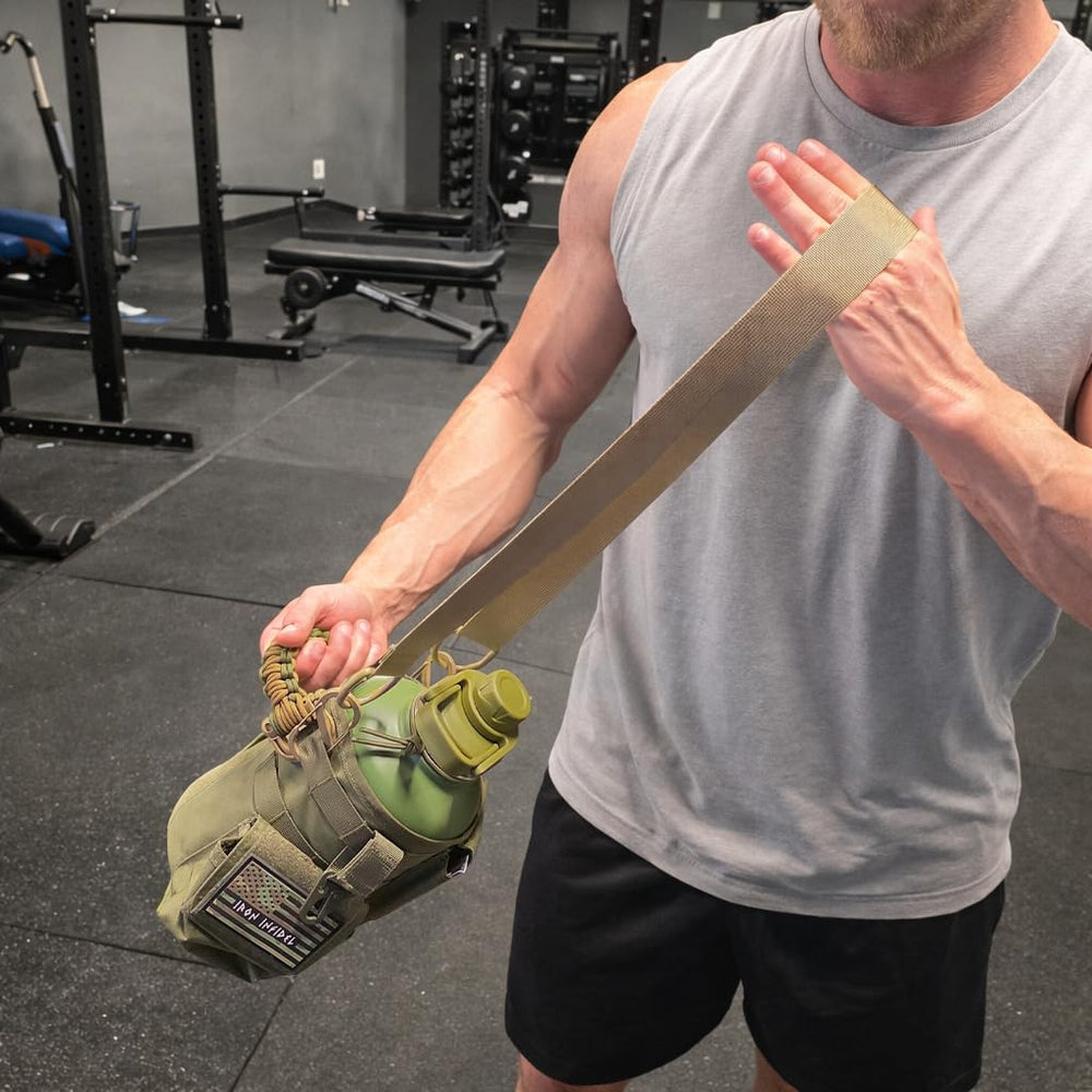 Iron Infidel scale comparison with a 64oz bottle to show fit and size