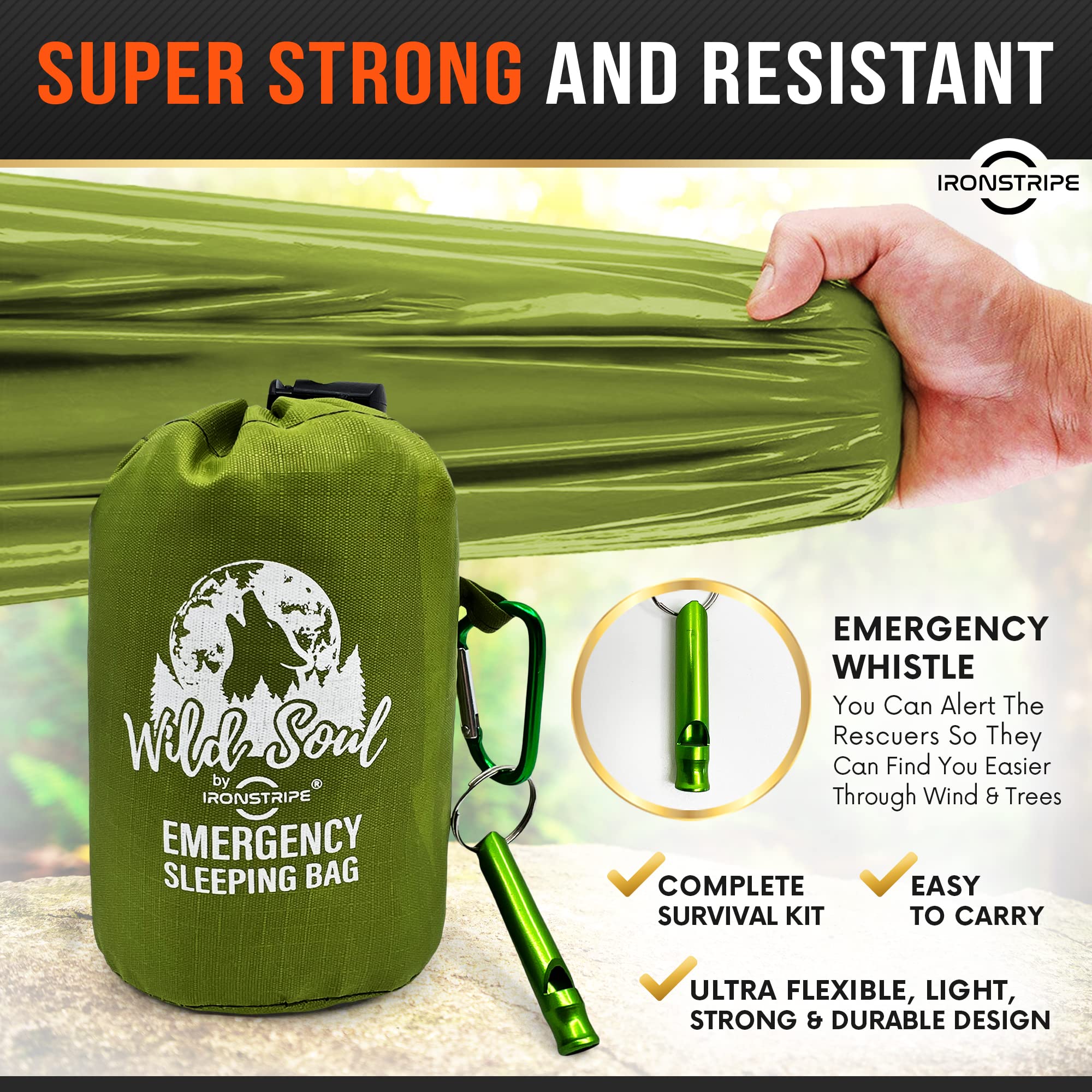 Ironstripe bivy sack folded in drawstring pouch for compact, easy storage