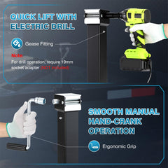 IRONWALLS hand crank and handle detail for controlled height adjustments