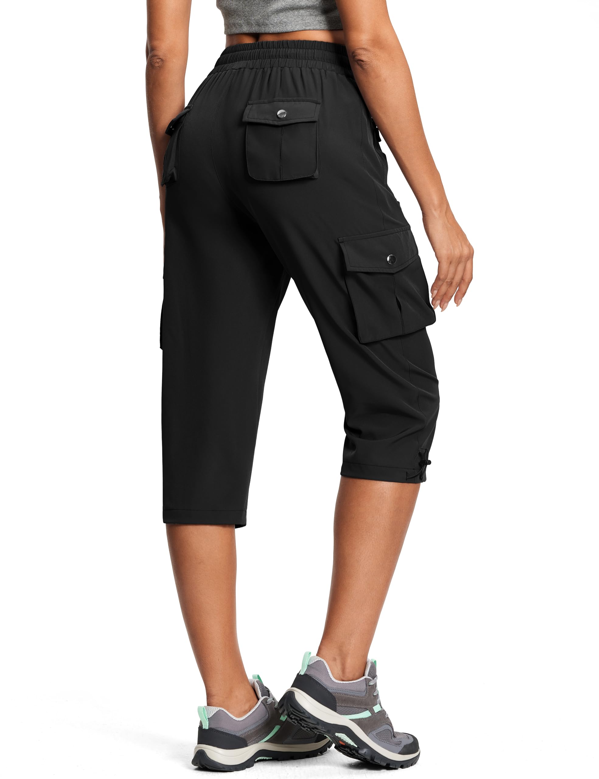 ISEEGZ front view of black capri pants showing fit and pockets for versatile wear