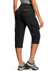 ISEEGZ front view of black capri pants showing fit and pockets for versatile wear