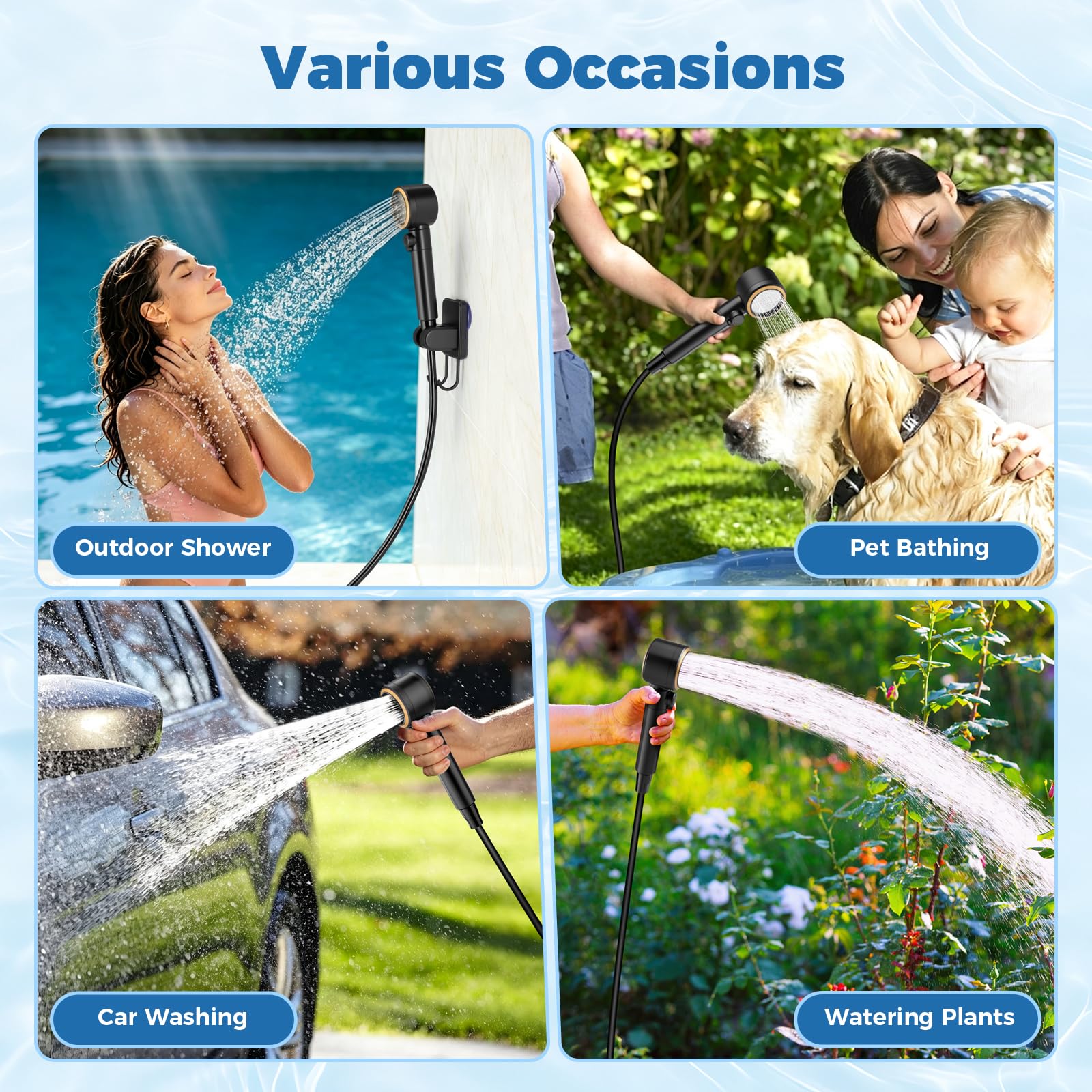 Ivuqa mounted shower hanging from tree, hands-free outdoor bathing benefit