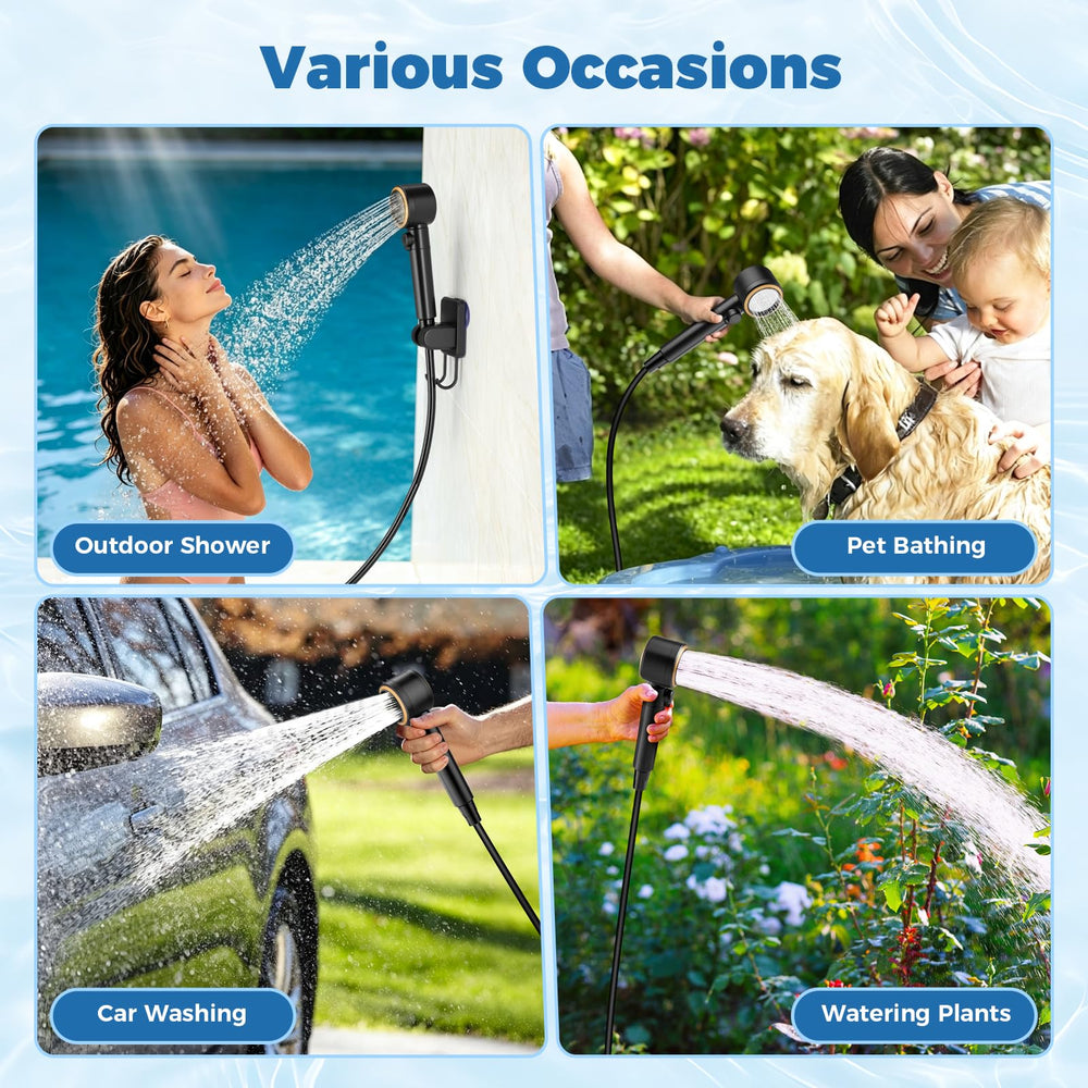 Ivuqa mounted shower hanging from tree, hands-free outdoor bathing benefit