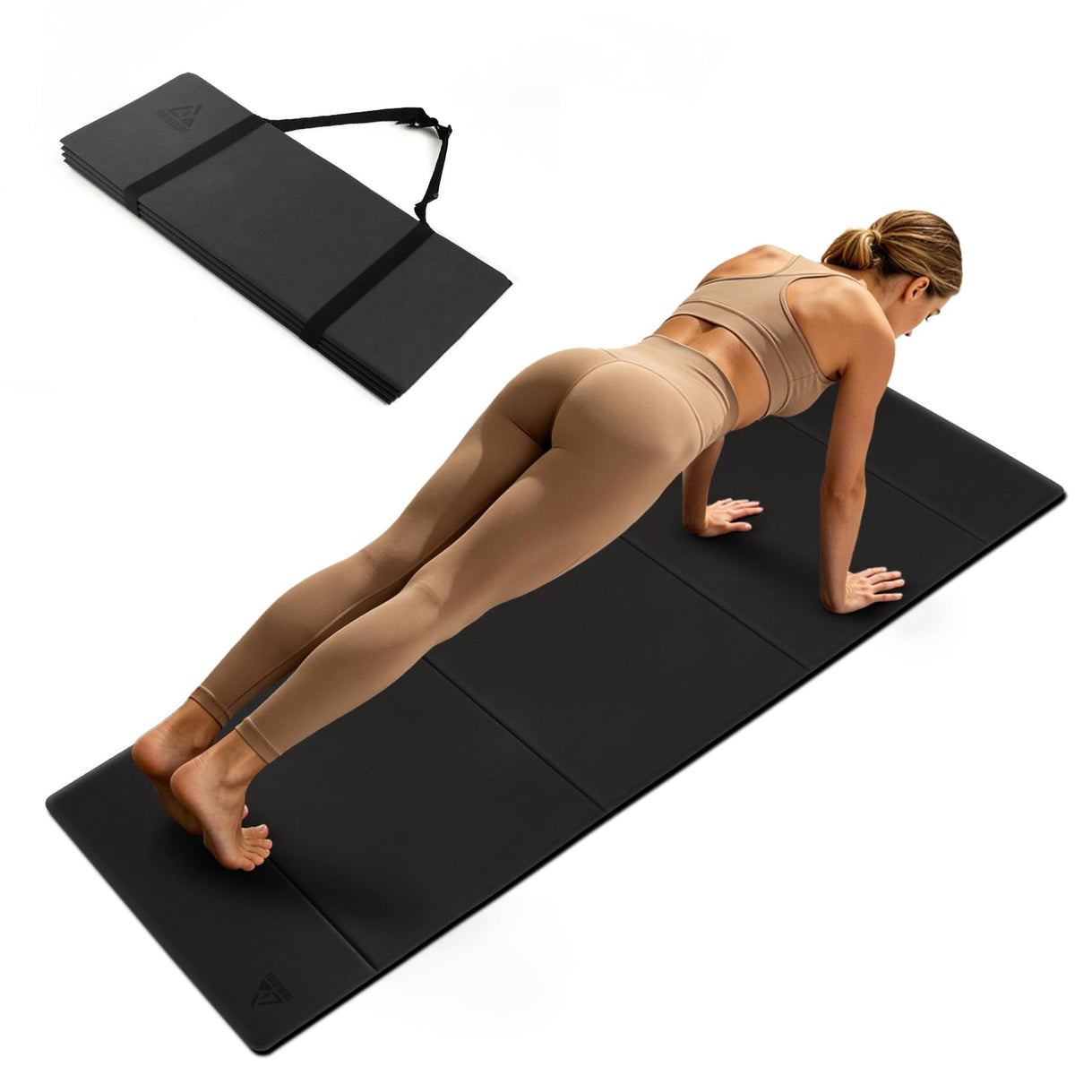 IwIeIaIrI front view of dark grey foldable mat showing full surface and branding for stable practice