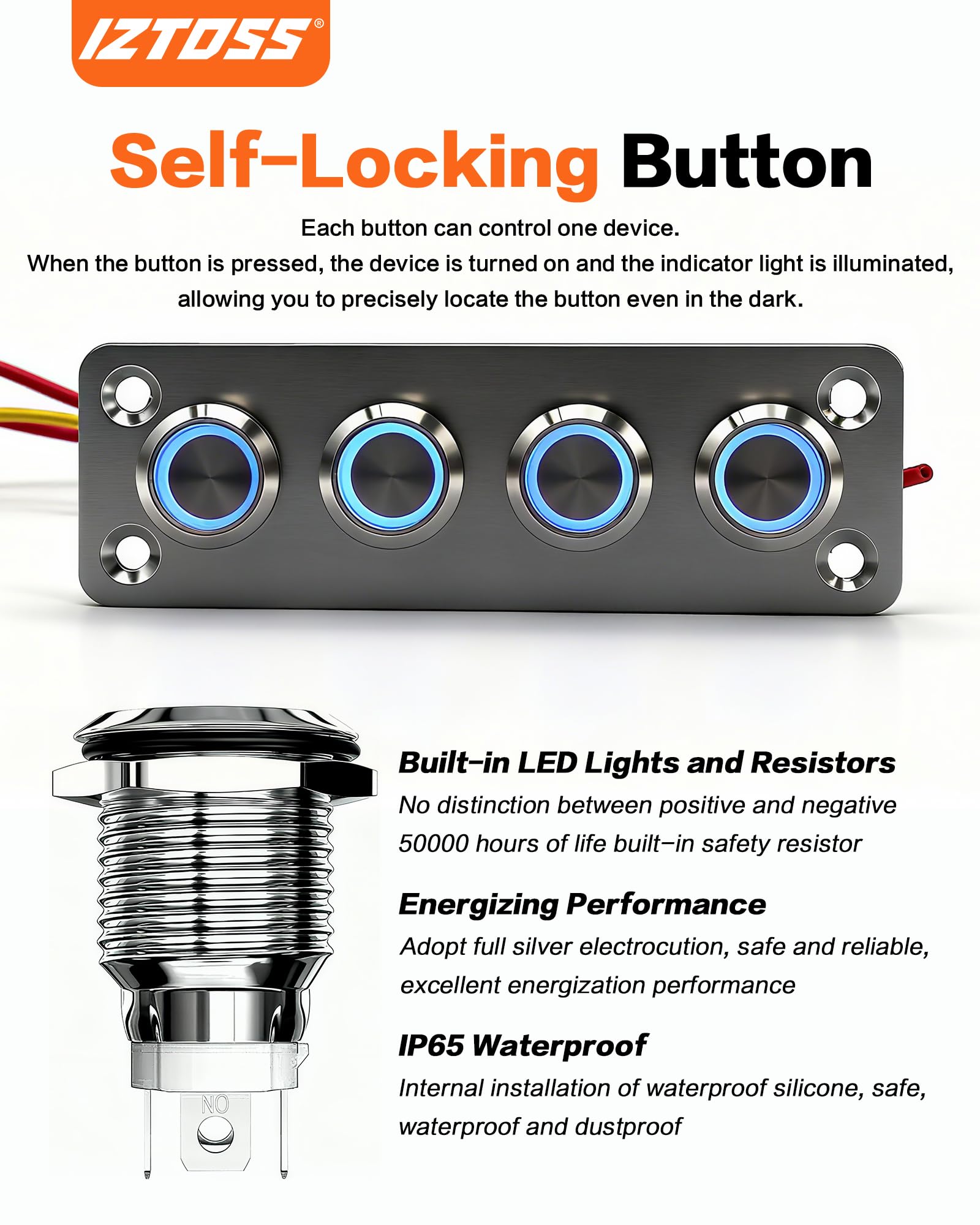 IZTOSS close-up of stainless rocker switch detail highlighting tactile durability and corrosion resistance