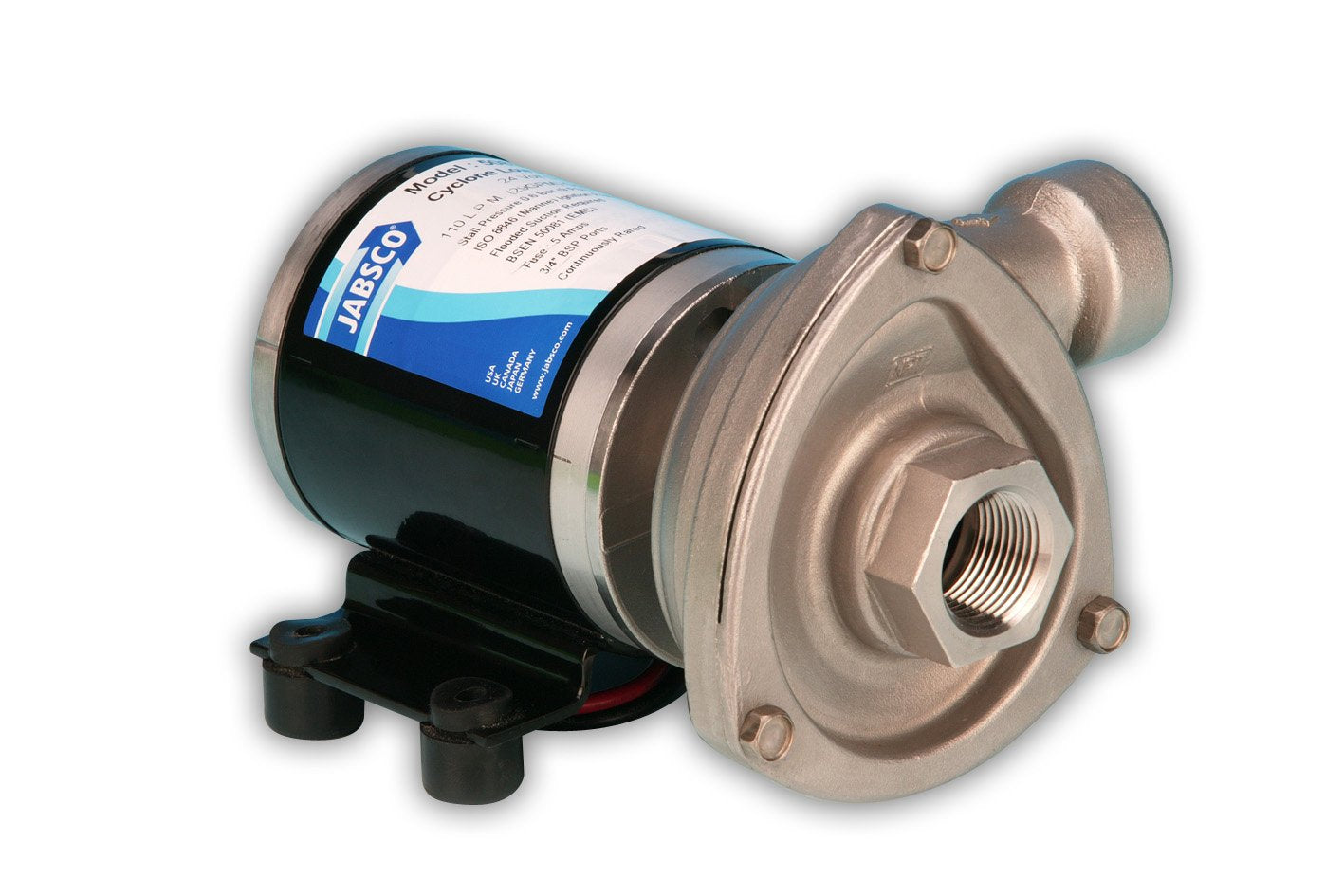 Jabsco Cyclone pump front view showing compact housing and durable finish benefits durability