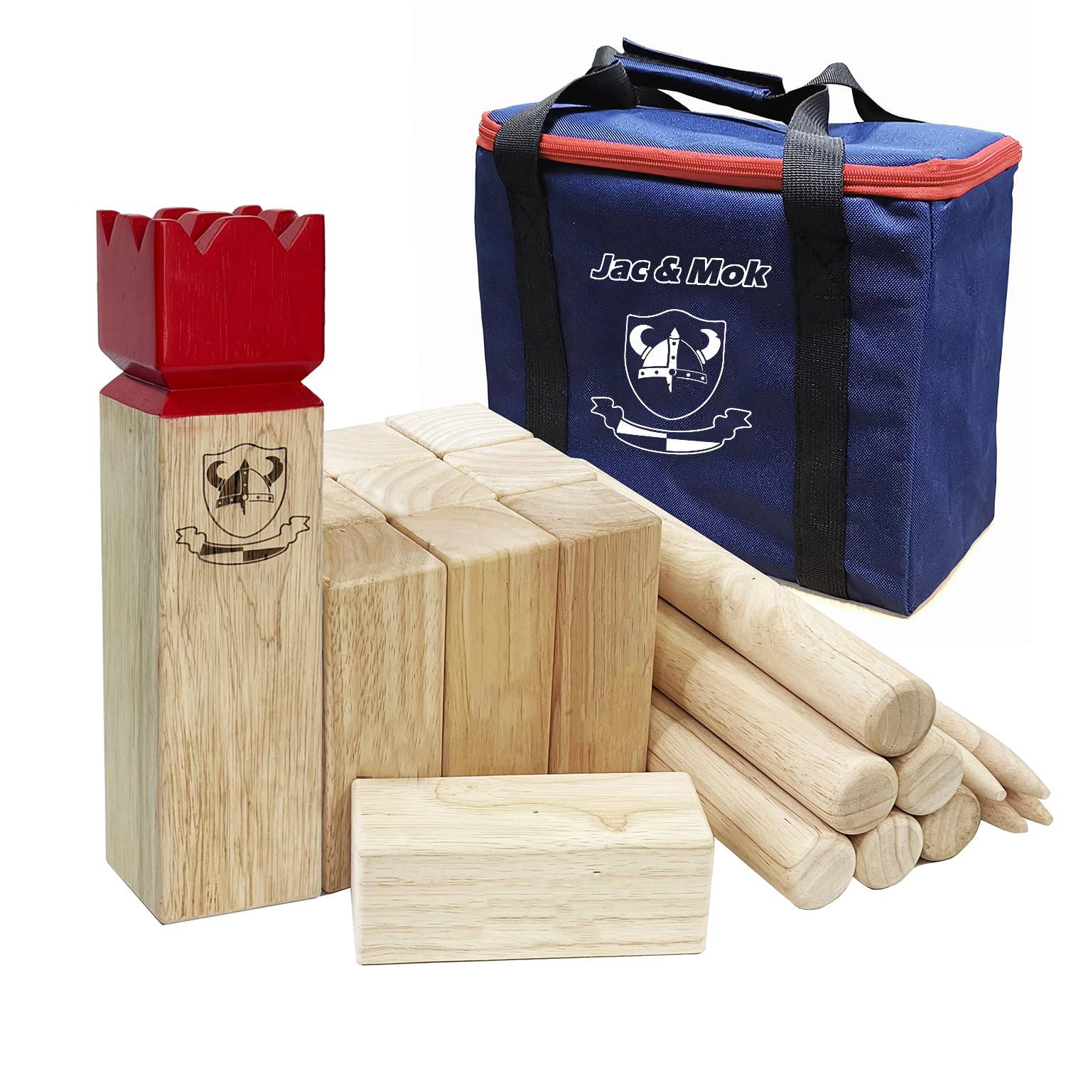 Jac & Mok front view of full Kubb set showing pieces and storage bag for easy transport
