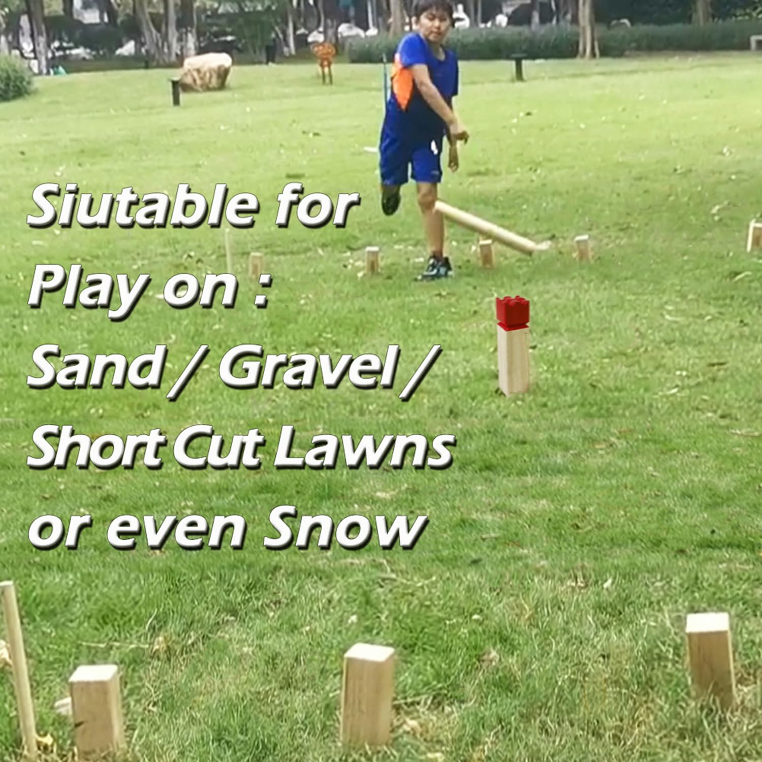 Jac & Mok kubb block next to ruler showing 30cm length for regulation sizing and portability