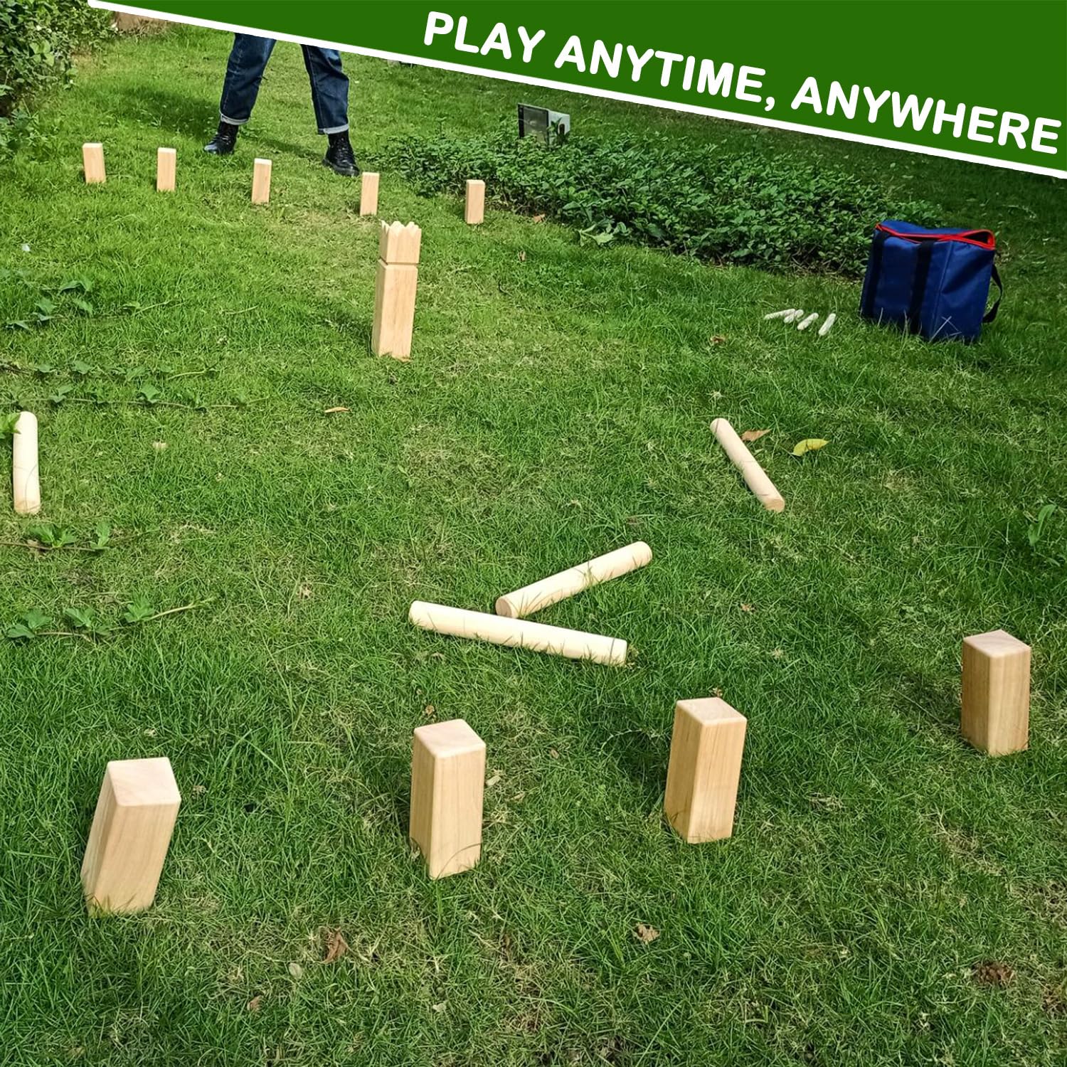 JacJoe All Pro kubb game in play on a backyard lawn showing fun group activity