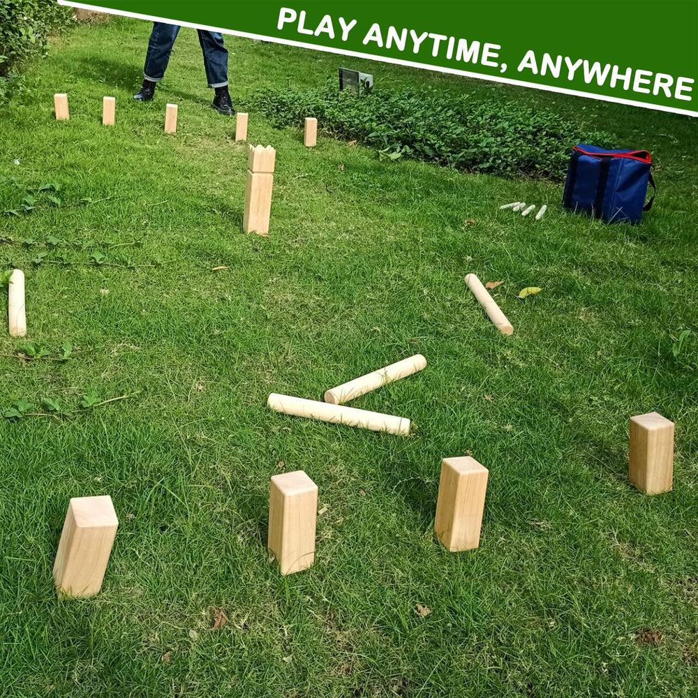 JacJoe All Pro kubb game in play on a backyard lawn showing fun group activity