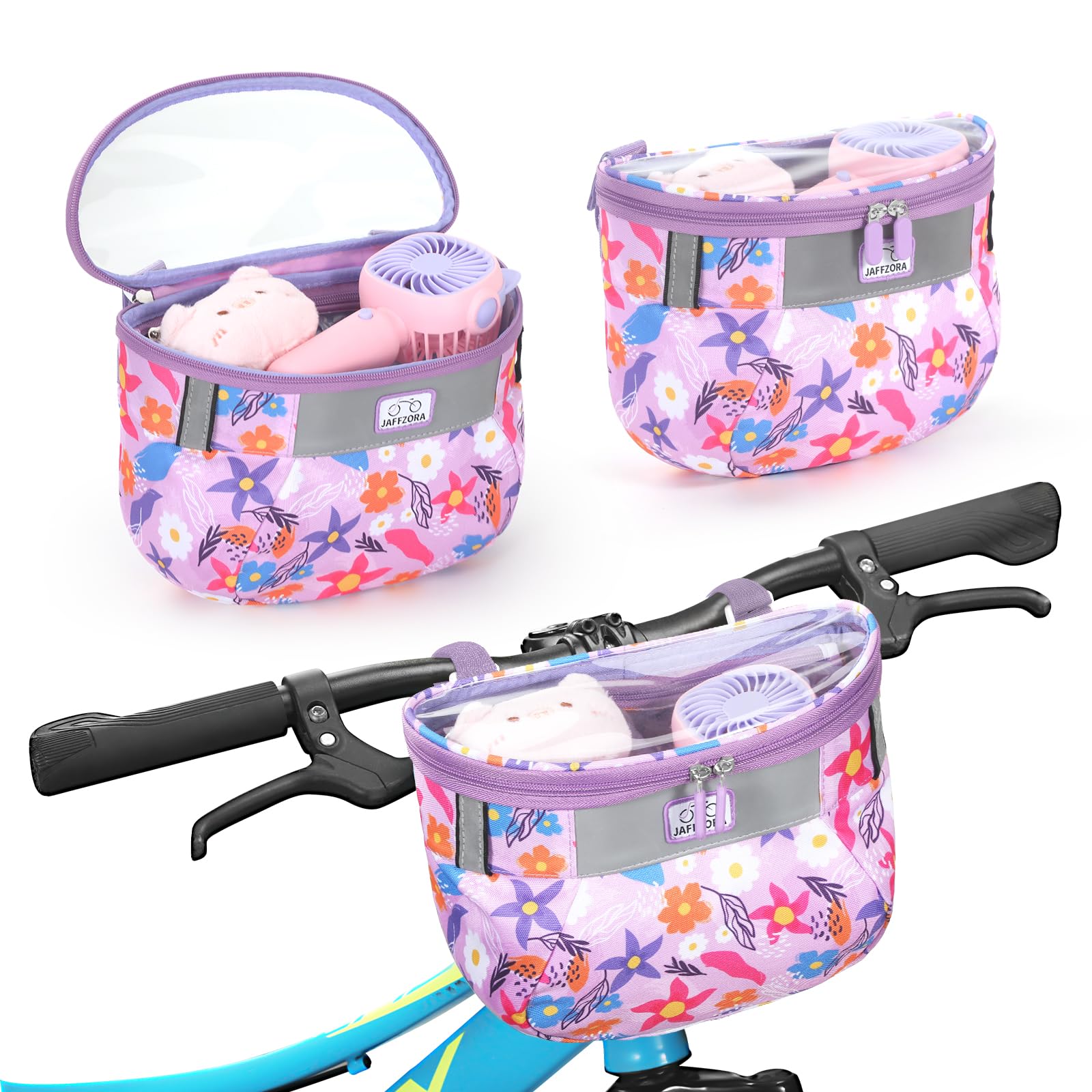 Jaffzora front view handlebar basket shows colorful design and secure fit