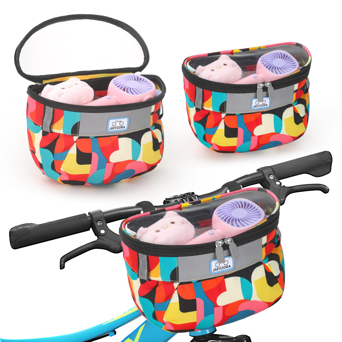 Jaffzora front view attached to toddler bike showing neat storage benefit
