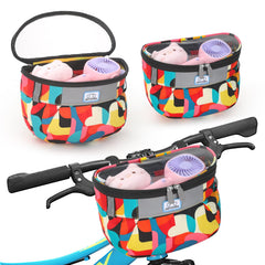 Jaffzora front view attached to toddler bike showing neat storage benefit