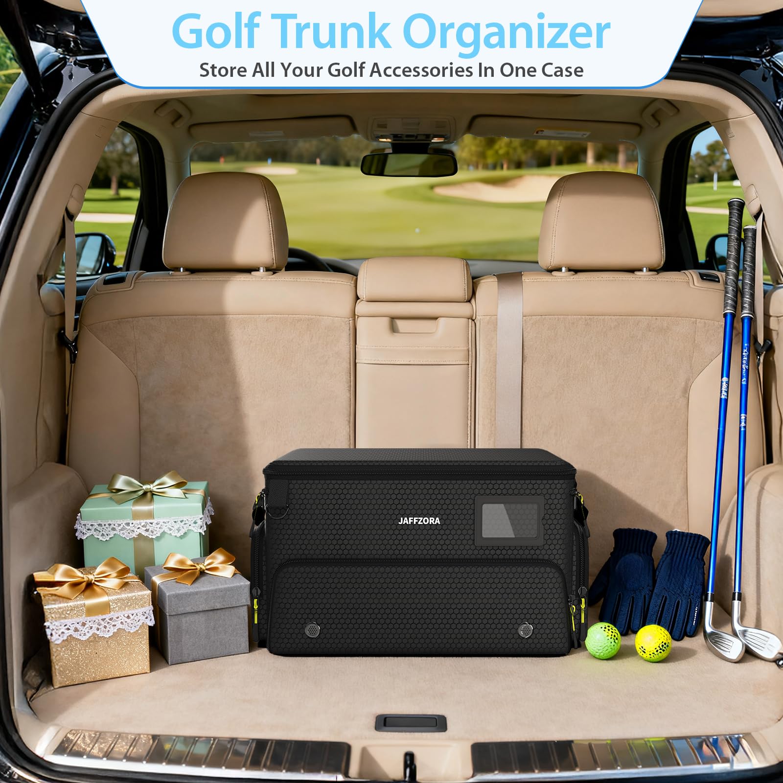 Jaffzora in a car trunk with golf clubs and gear for easy transport