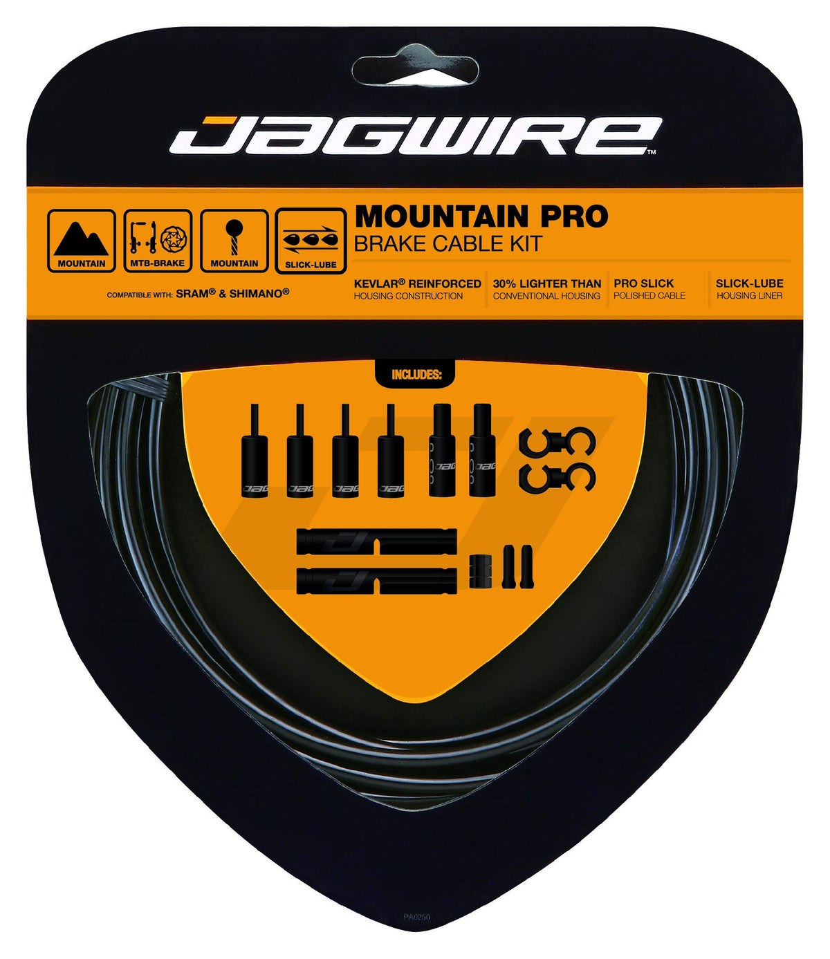 Jagwire Mountain Pro black front packaging showing complete brake cable kit and benefits