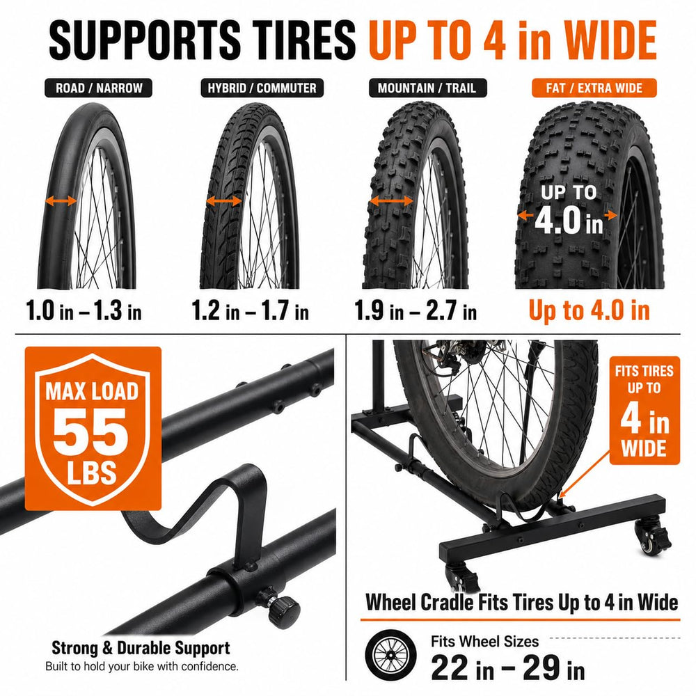 Japard wheel strap and seatpost support securing bike for safe storage