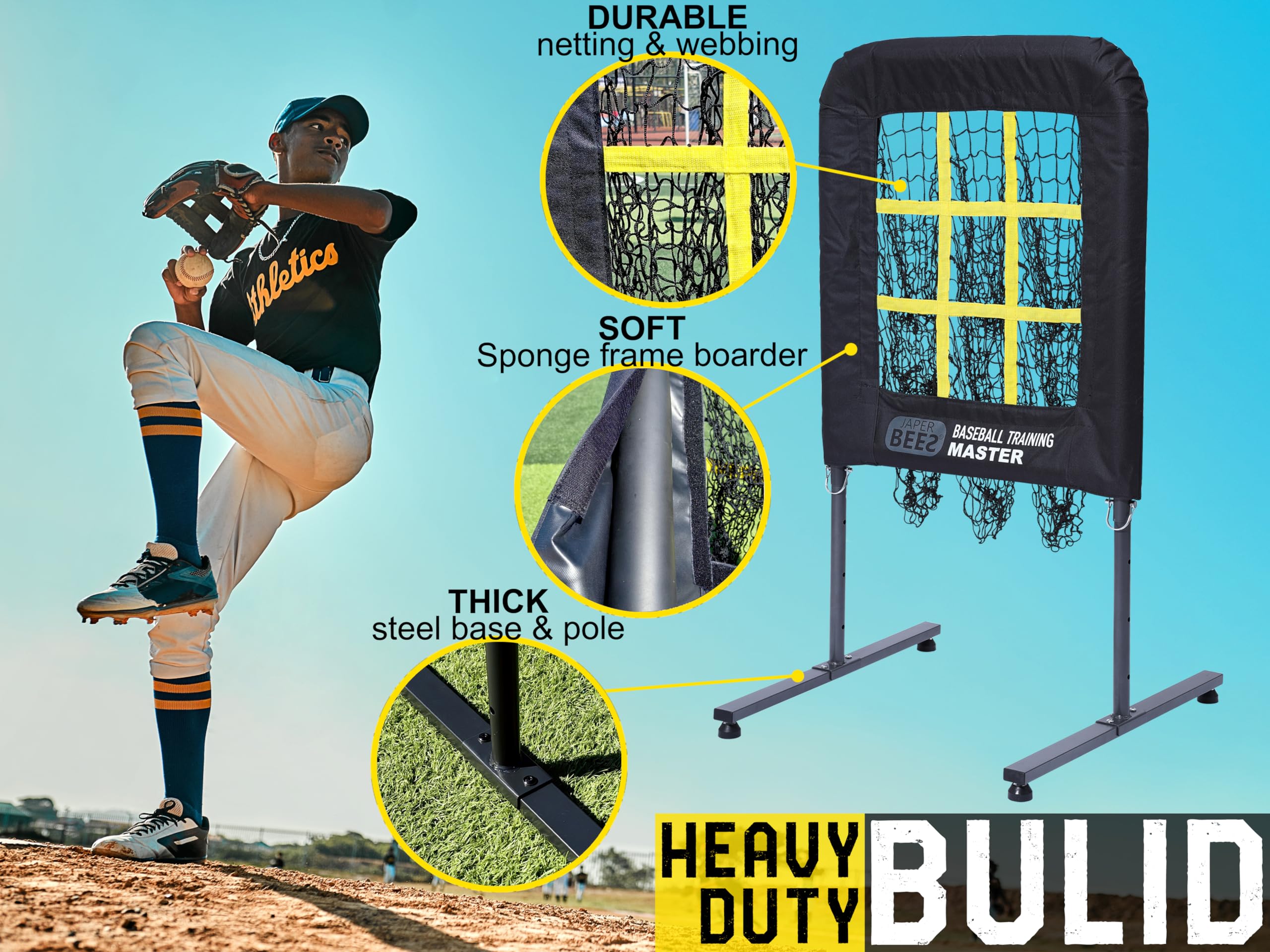 JAPER BEES close-up of netting and impact foam highlighting durability and ball protection