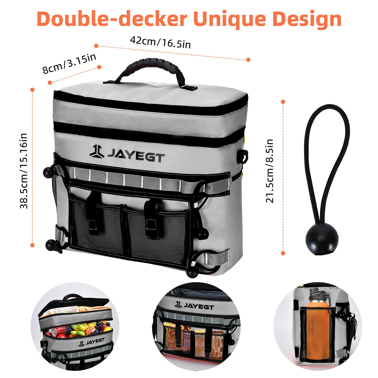 JAYEGT shoulder strap and bungee cords displayed showing easy carry and secure fastening