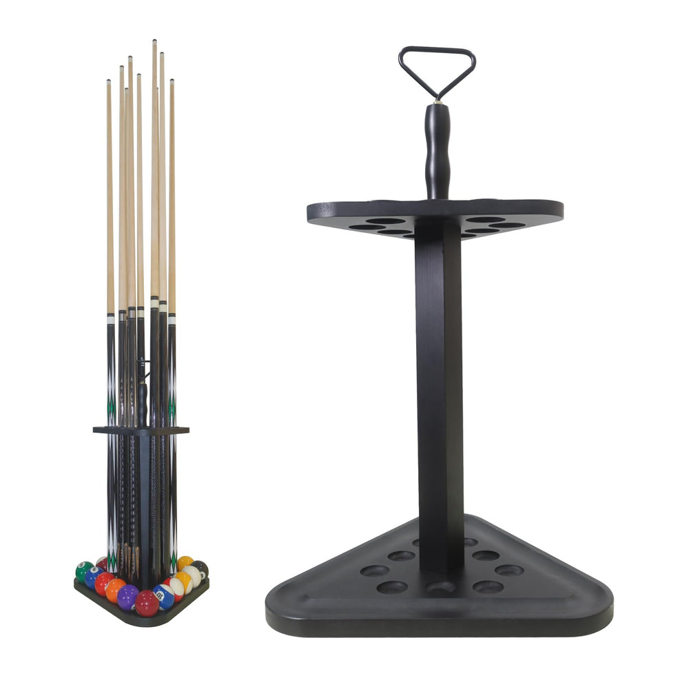 JAYOBGO front view of wood cue rack showing neat organization benefit