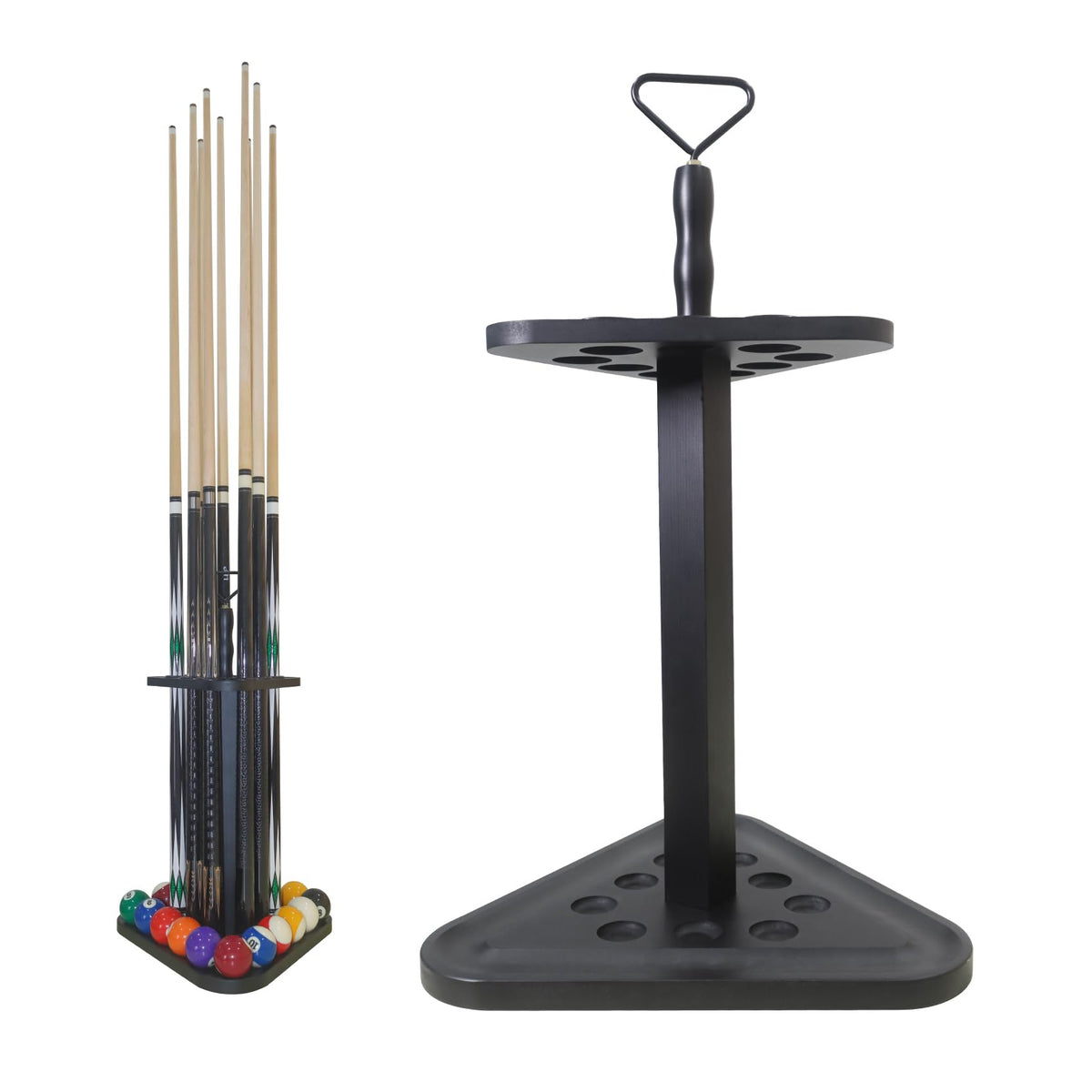 JAYOBGO front view of wood cue rack showing neat organization benefit
