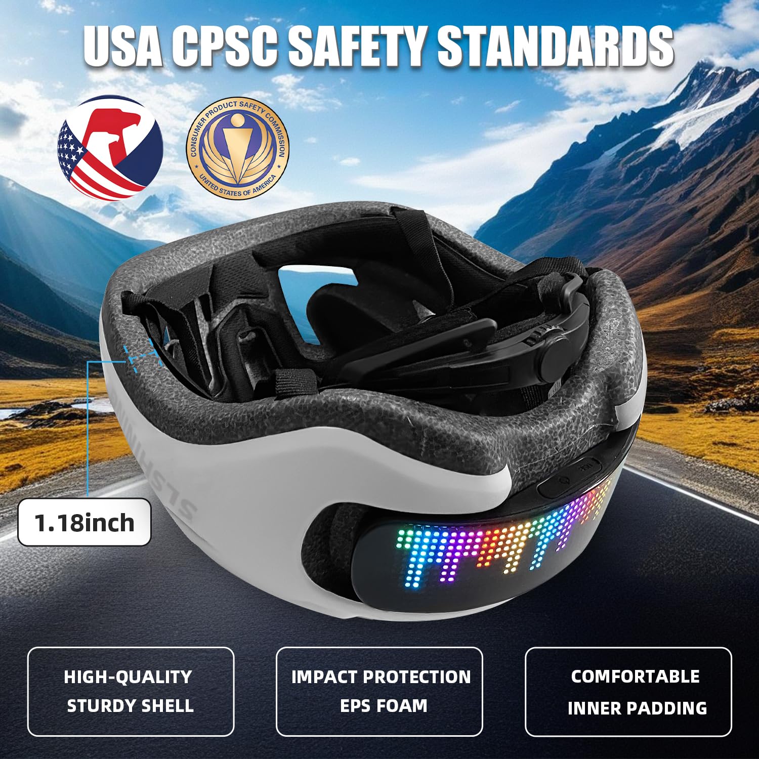 JDBMAOYE helmet side profile with illuminated indicators improving signaling