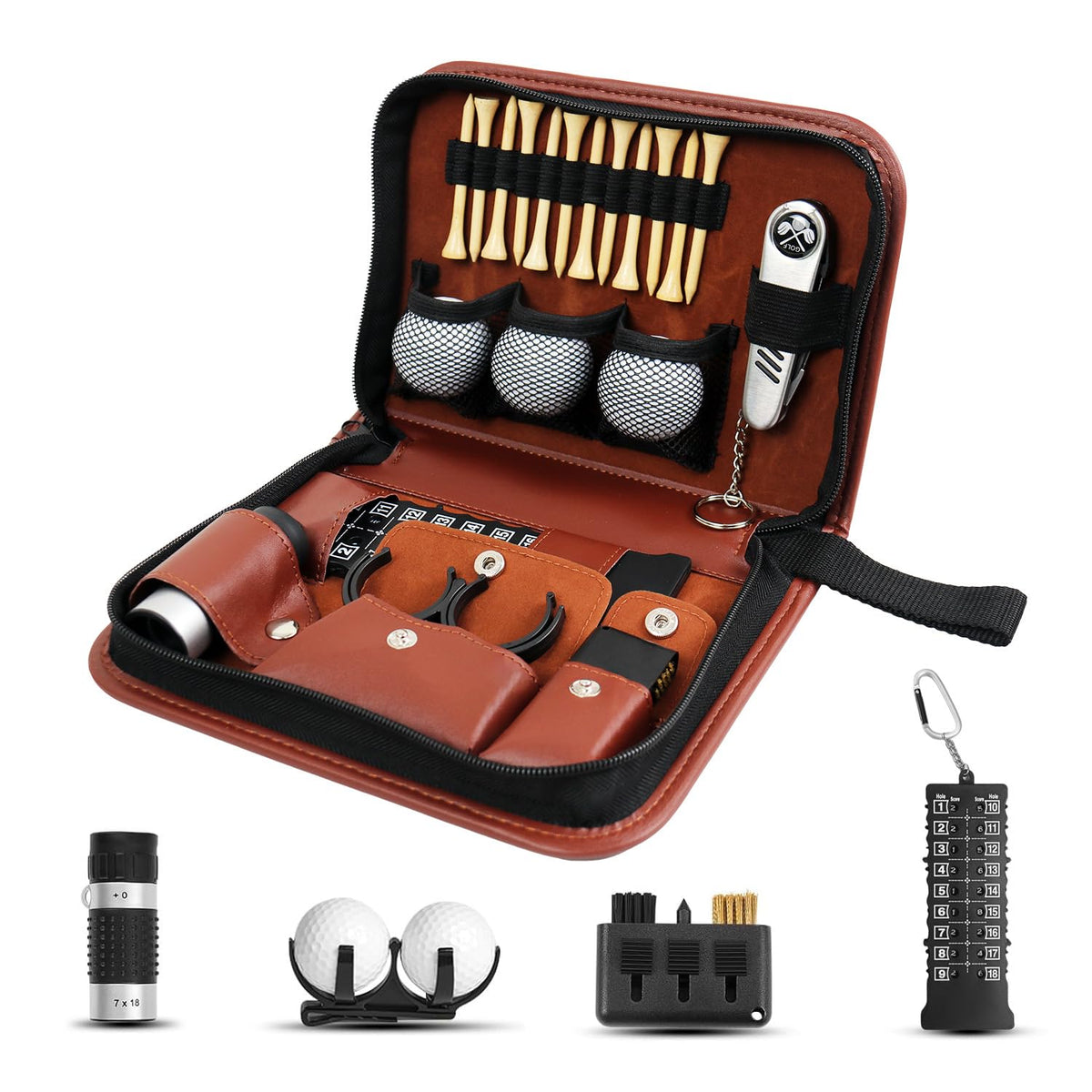 JDSZM front view of brown PU case showing organized kit and easy portability