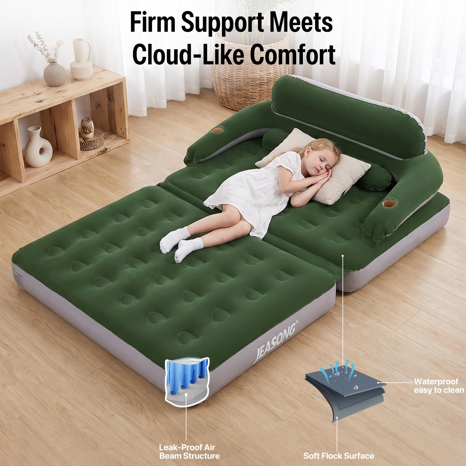 JEASONG side view in sofa mode showing stable seating and convertibility
