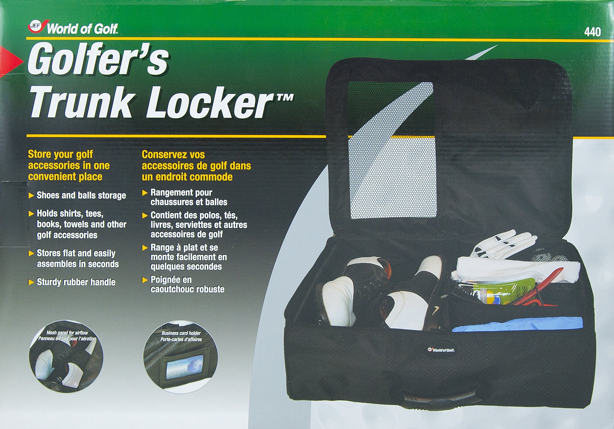 JEF WORLD OF GOLF trunk locker in car trunk illustrating easy transport and space-saving benefit