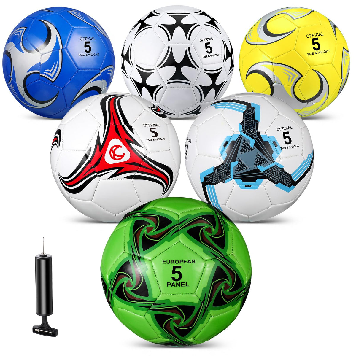 Jenaai front view of six soccer balls set showing colorful designs and value