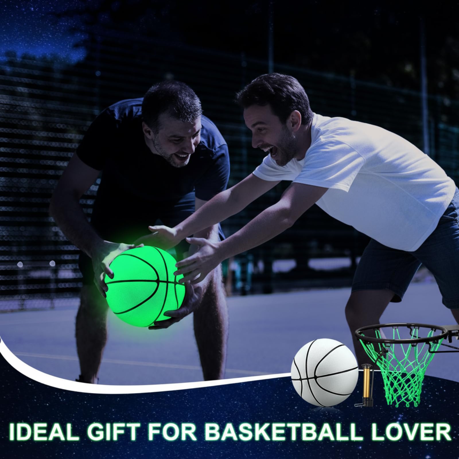 Jenaai players shooting at dusk with glowing ball and net showing extended playtime benefit