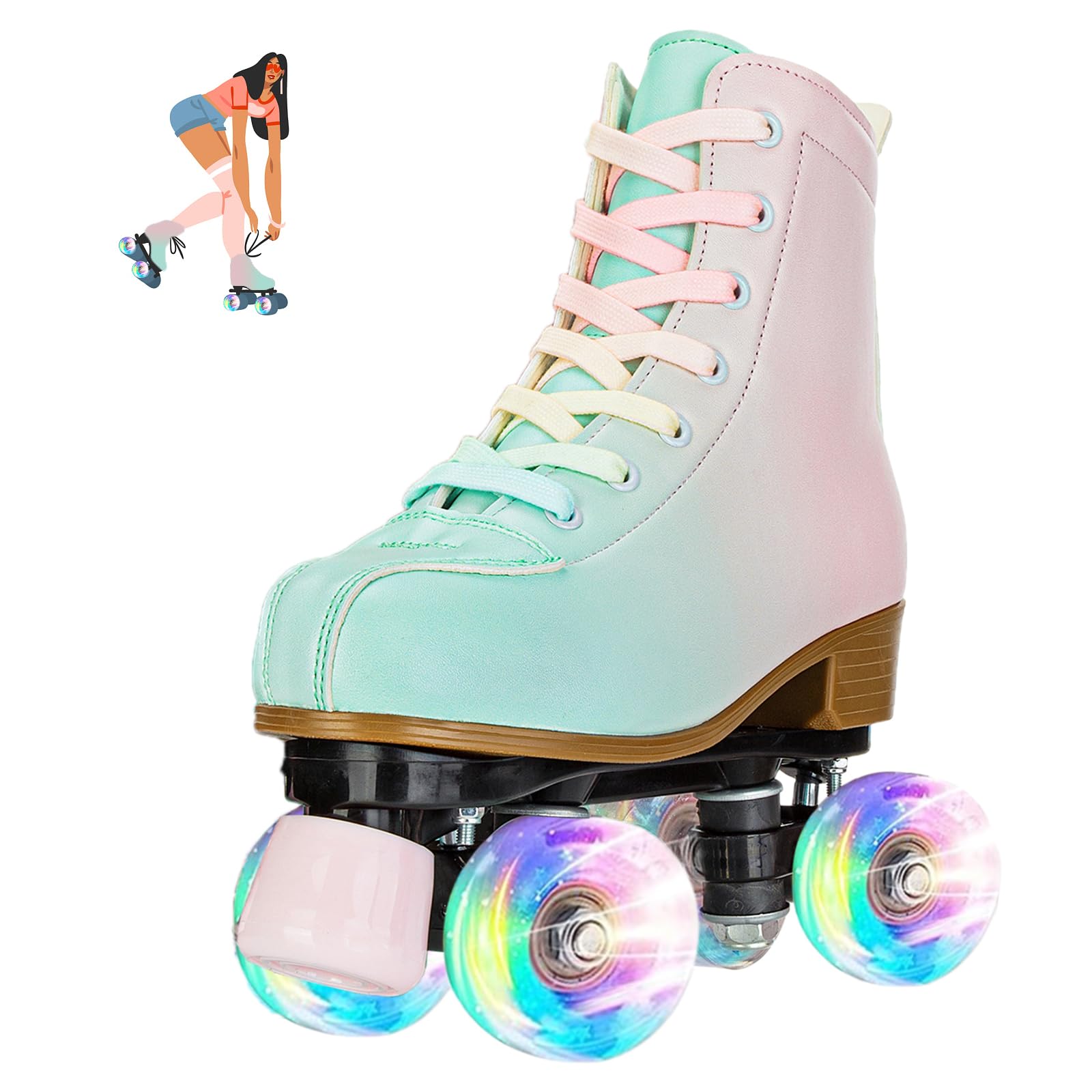 jessie front-angle green pink roller skates showing colorful design and ankle support