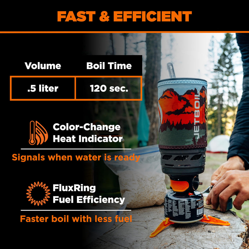 Jetboil Flash stainless-steel burner close-up highlighting FluxRing efficiency and quick heating
