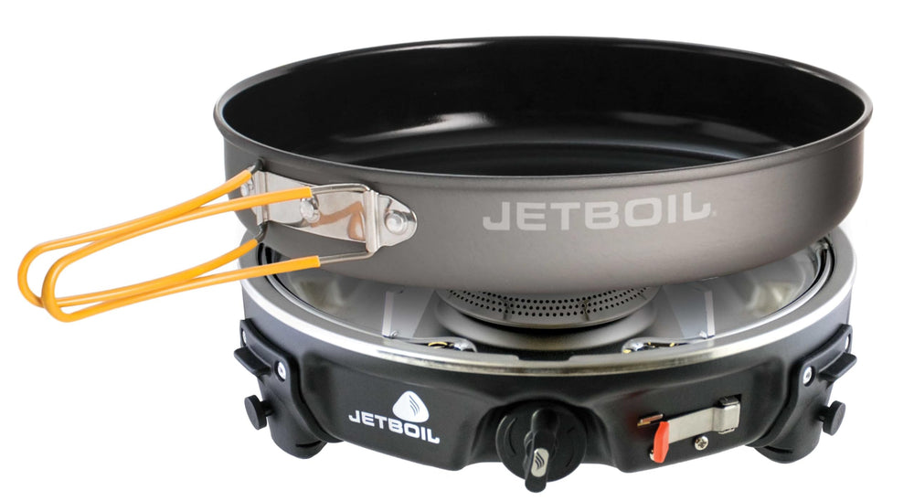 Jetboil HalfGen front view showing compact stove and pan, highlighting portability and power