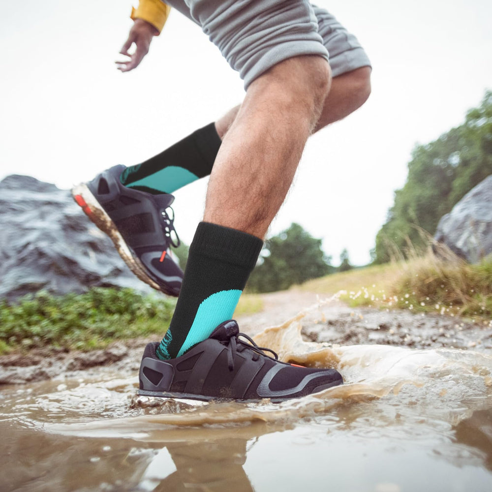 Jeyiour lifestyle image on wet trail showing weather-ready outdoor benefit