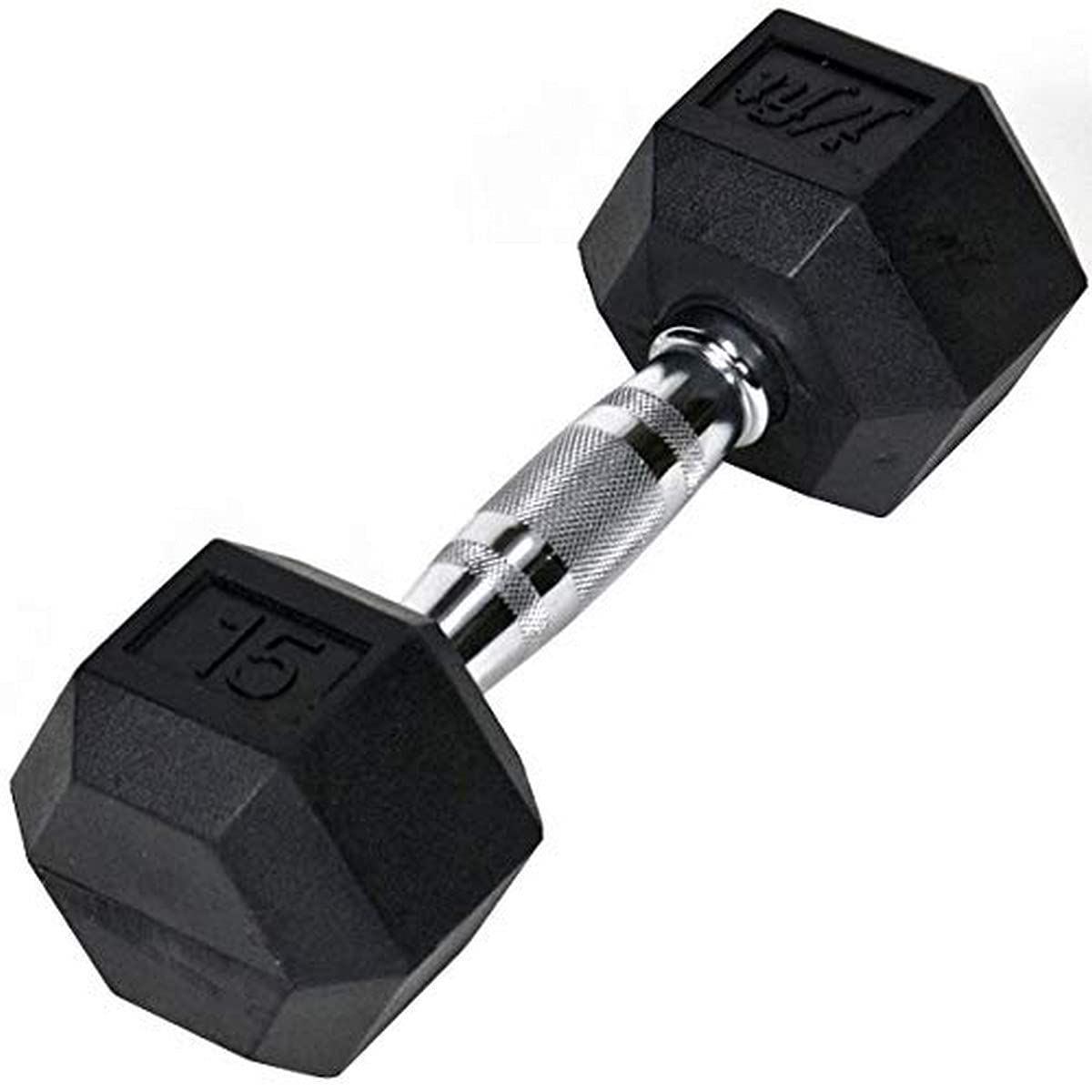 JFIT dumbbell front view showing compact hex heads and floor protection benefit