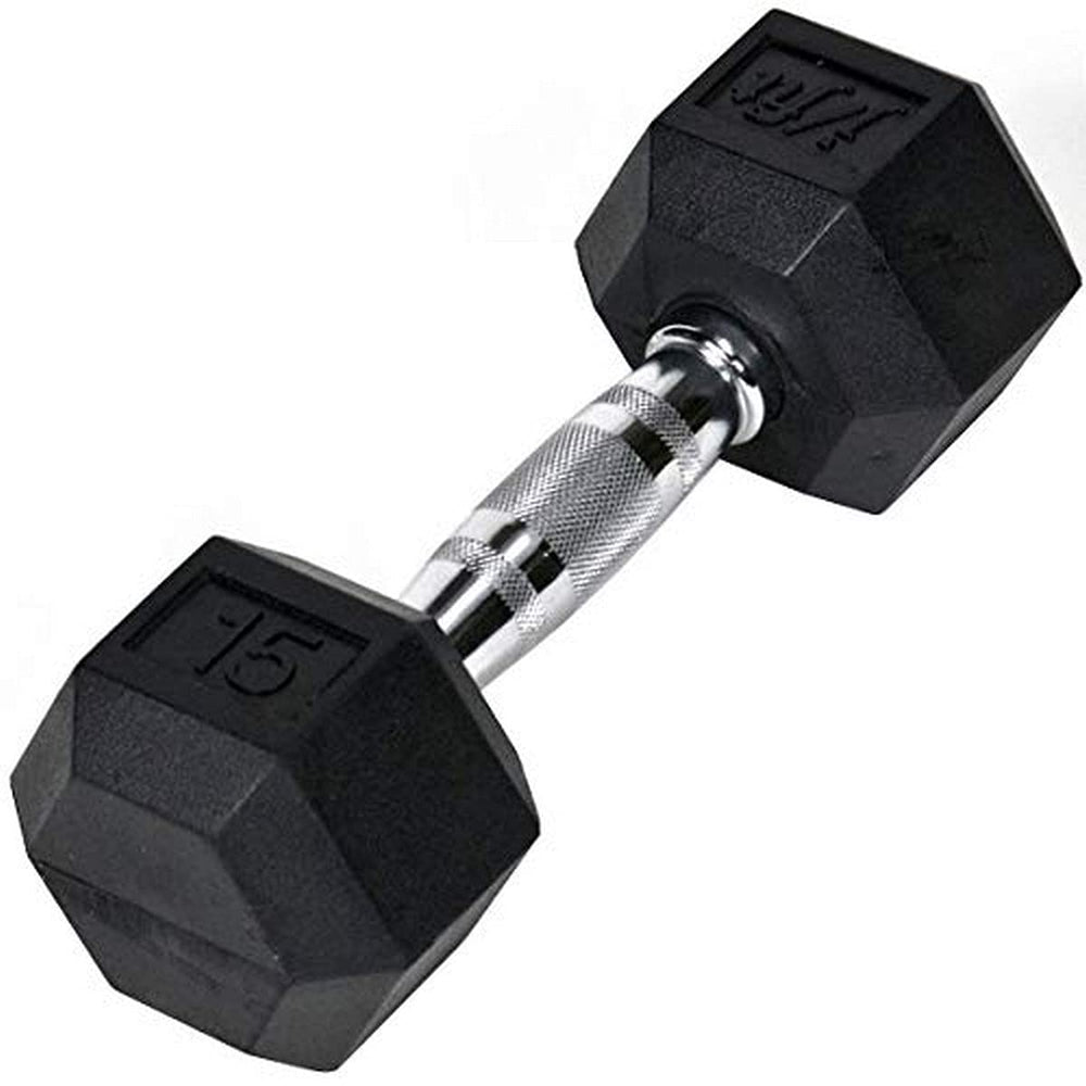 JFIT dumbbell front view showing compact hex heads and floor protection benefit