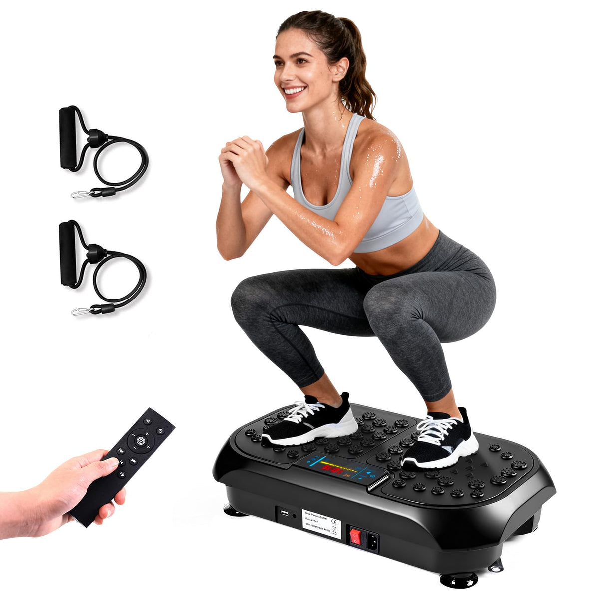 JIANYHW vibration plate front view showing compact platform and benefits
