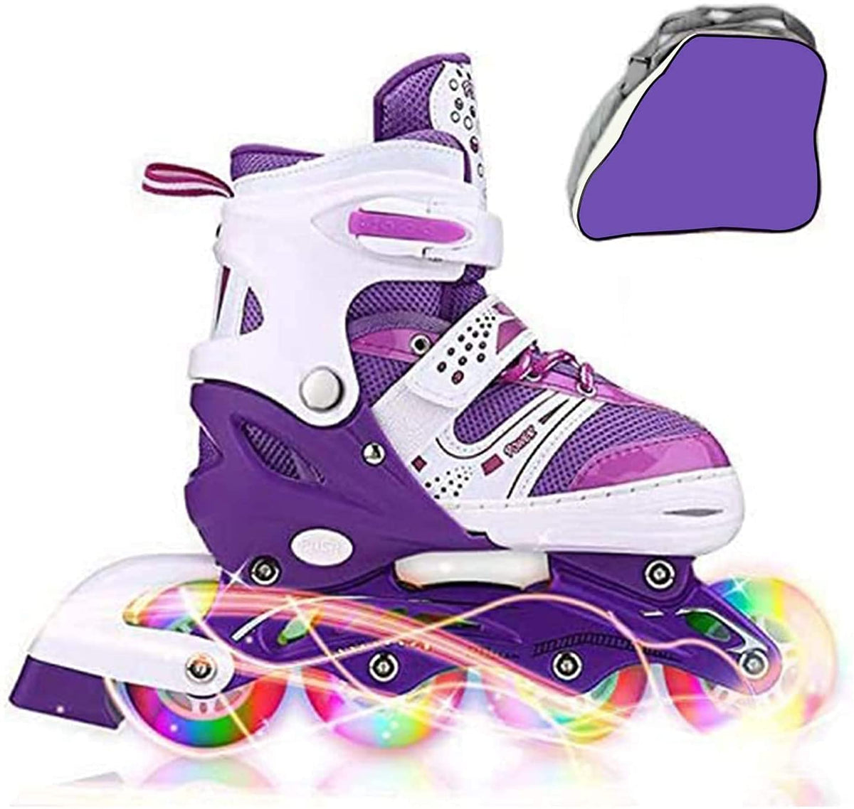 JIFAR front view of adjustable skates showing lights and fit benefits