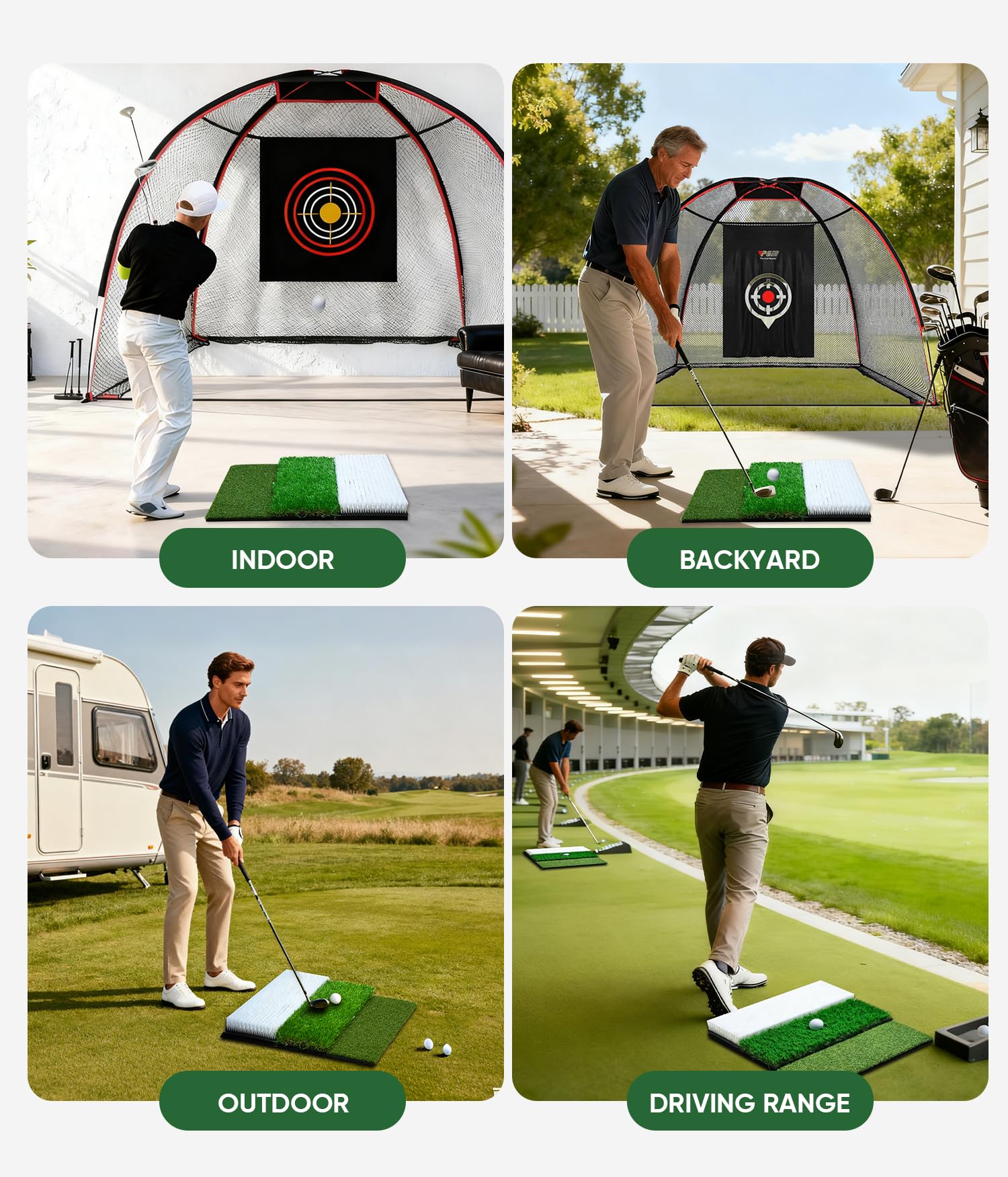 Jiskan in-use practice mat set outdoors with golfer demonstrating transferable training