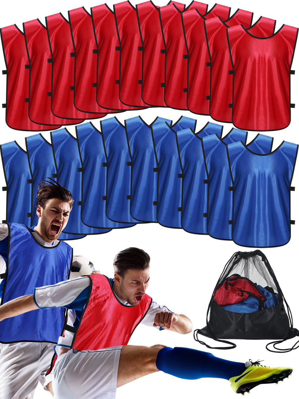 Jiuguva front view of 12 blue and 12 red vests, easy team separation
