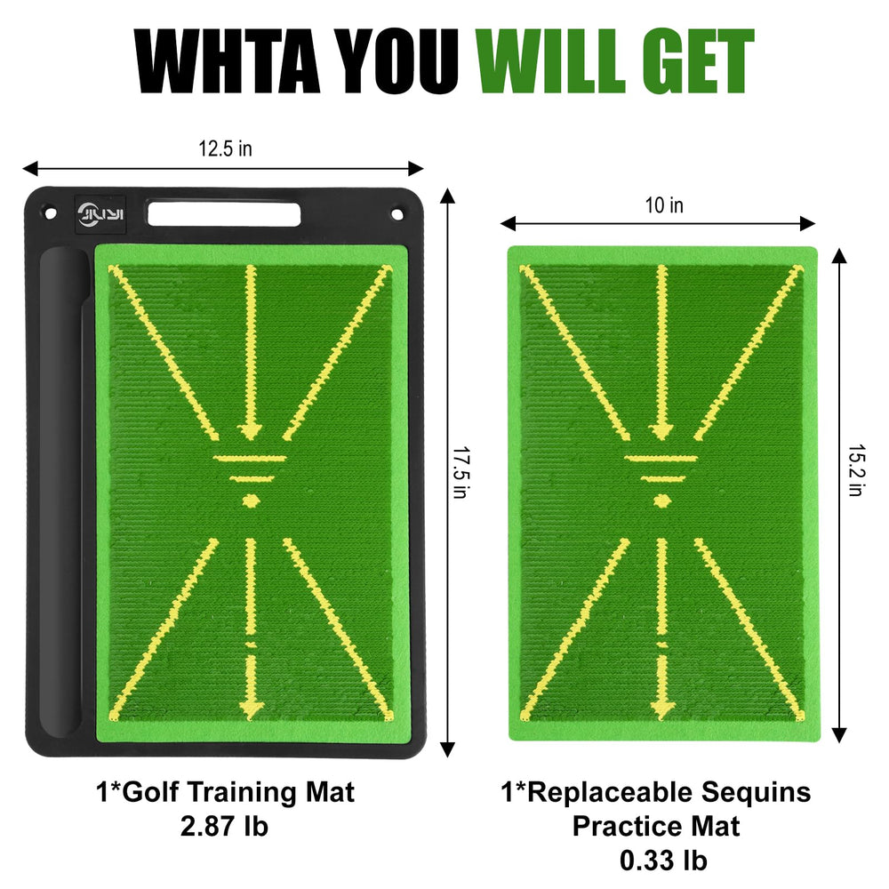 JIUYIBC golfer practicing on mat at driving range illustrating swing-path training benefit