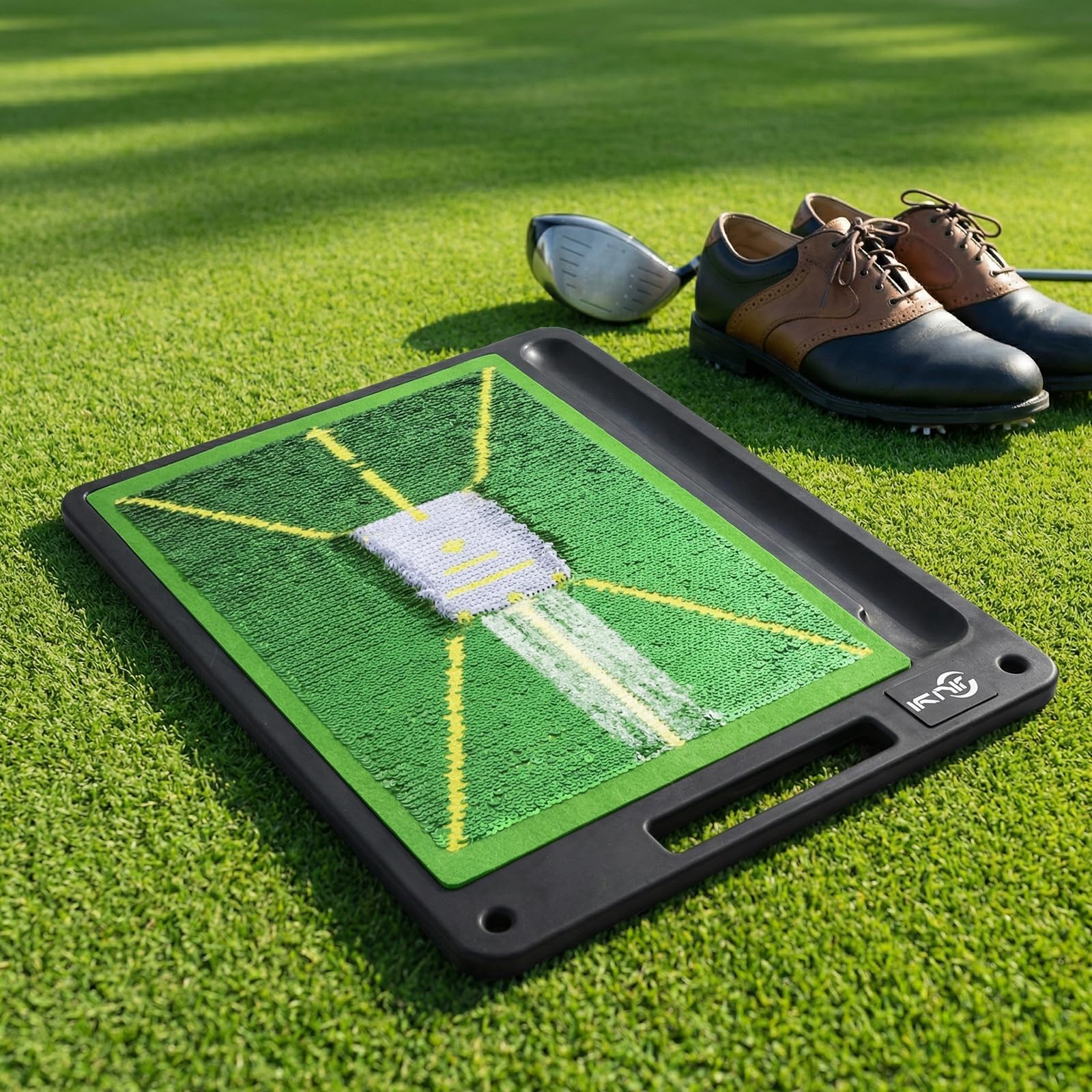 JIUYIBC mat next to golf clubs for size scale and portable storage visualization